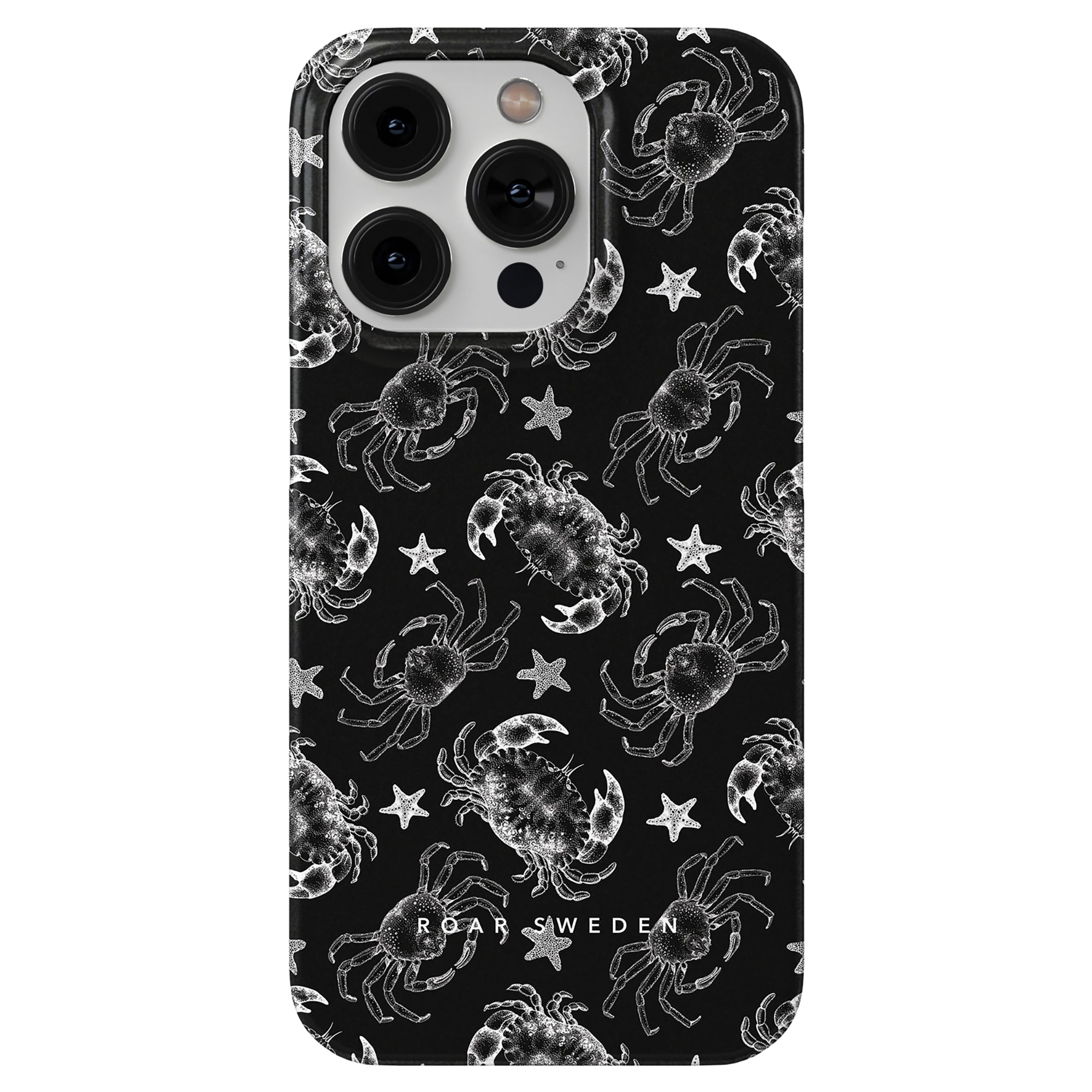 Smartphone case with black background and white illustrations of crabs and starfish, labeled "Black Crab - Slim case" at the bottom. Perfectly fitting into the Ocean Collection, this Black Crab Slim Case embodies true marin elegans.