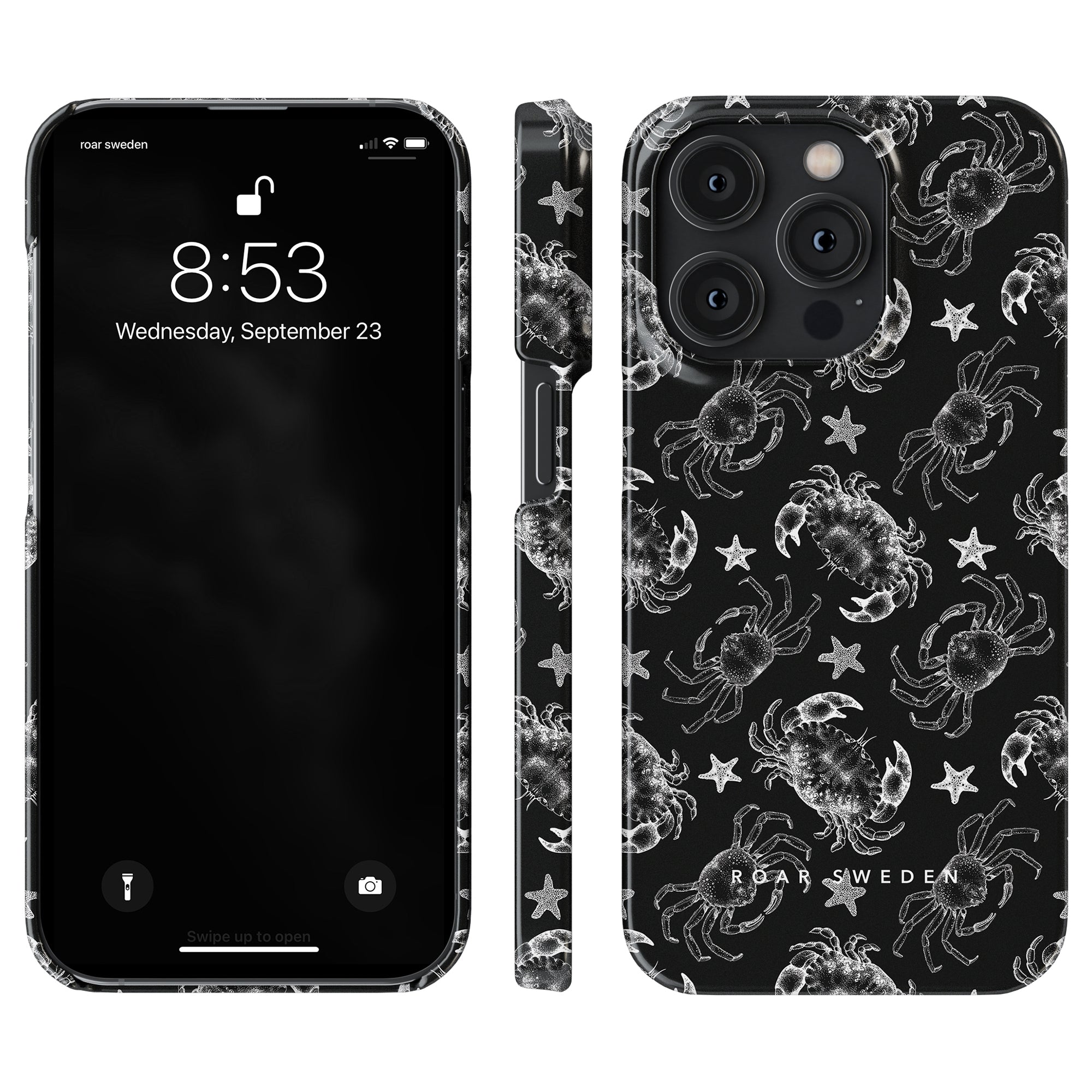 This Black Crab - Slim case from our Ocean Collection features white illustrations of crabs and starfish, with both sides beautifully visible, embodying a touch of marin elegans.