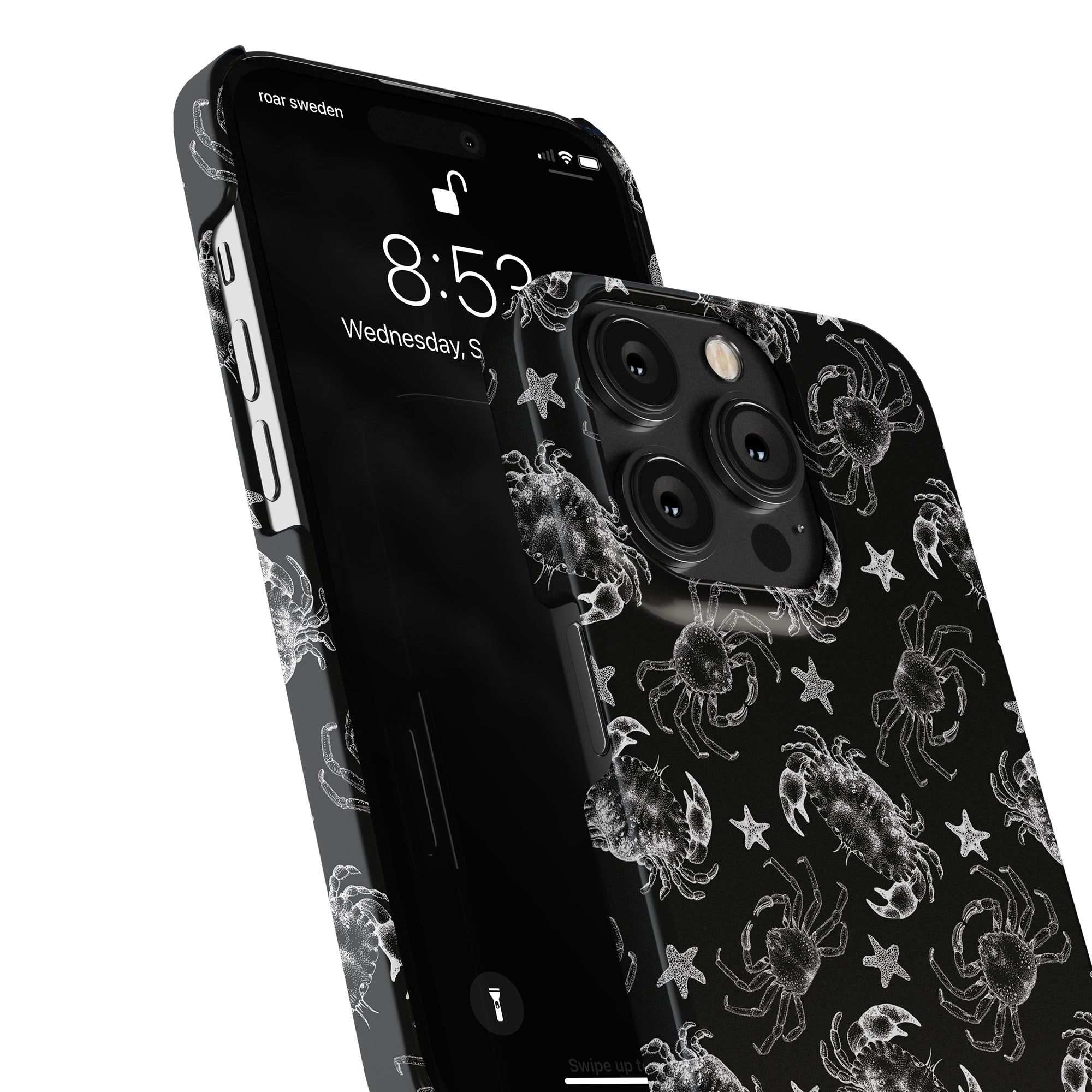 Close-up of a smartphone with a Black Crab - Slim Case from the Ocean Collection, featuring white sketches of crabs and stars. The screen shows the time 8:53 and date Wednesday, September 6.