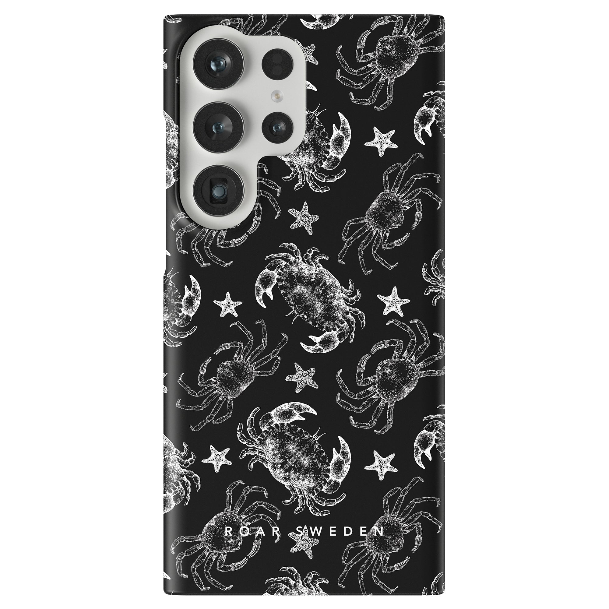 Smartphone case from the Ocean Collection featuring a black background with white illustrations of crabs, lobsters, and starfish, and the text "ROAR SWEDEN" at the bottom. This Black Crab - Slim Case blends marin elegans with coastal charm.
