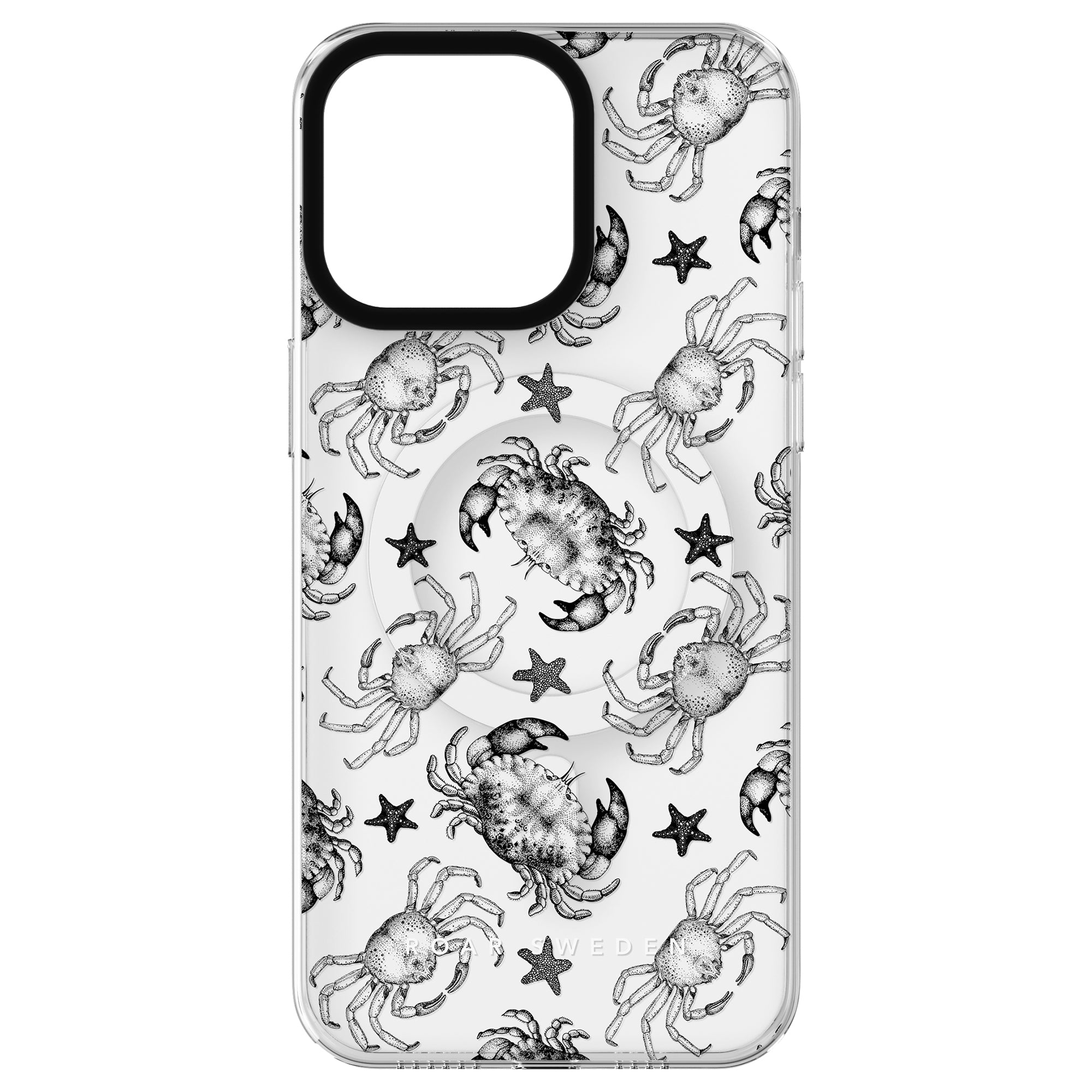 Introducing the Ocean Collection: a clear phone case adorned with black and white illustrations of crabs and starfish. This stylish smartphone accessory, also known as the Black Crab - MagSafe, adds a touch of marine elegance to your device while ensuring protection.