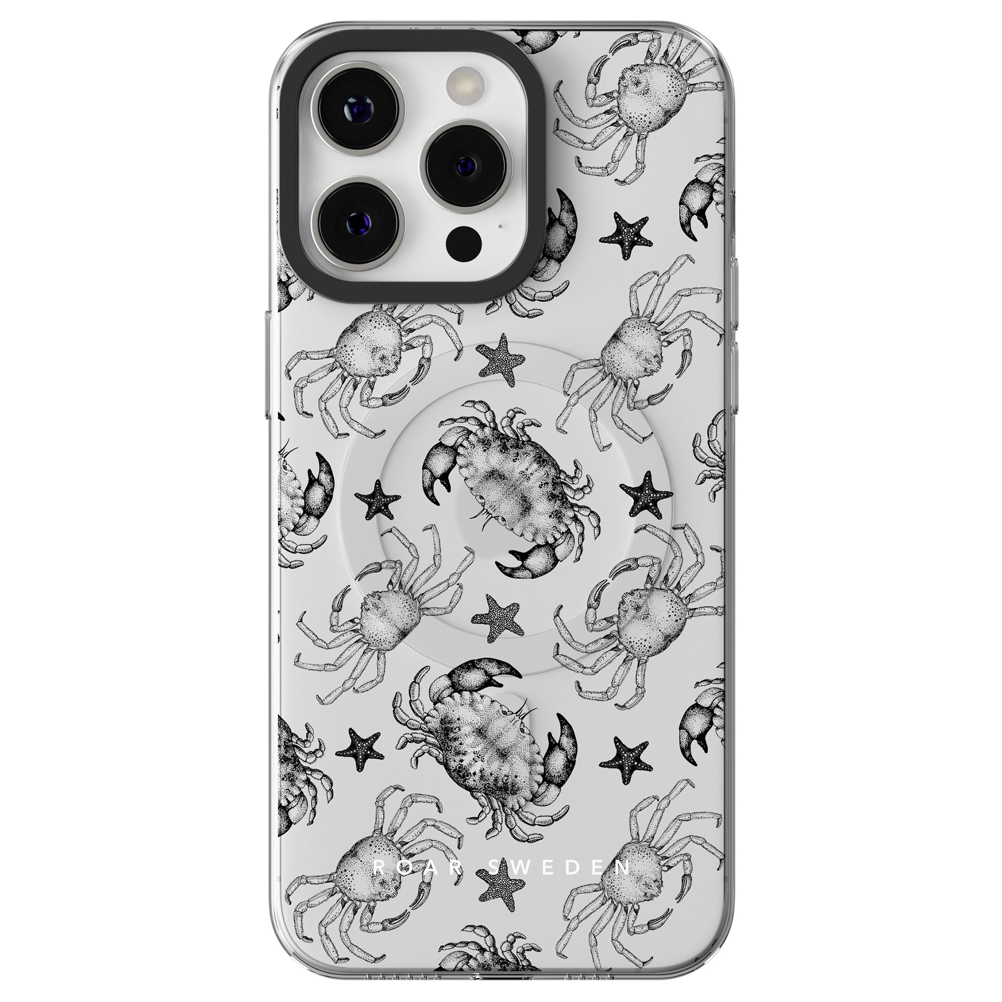 Introducing the Ocean Collection: a smartphone accessory featuring a Black Crab - MagSafe adorned with a striking black and white pattern of crabs and starfish.