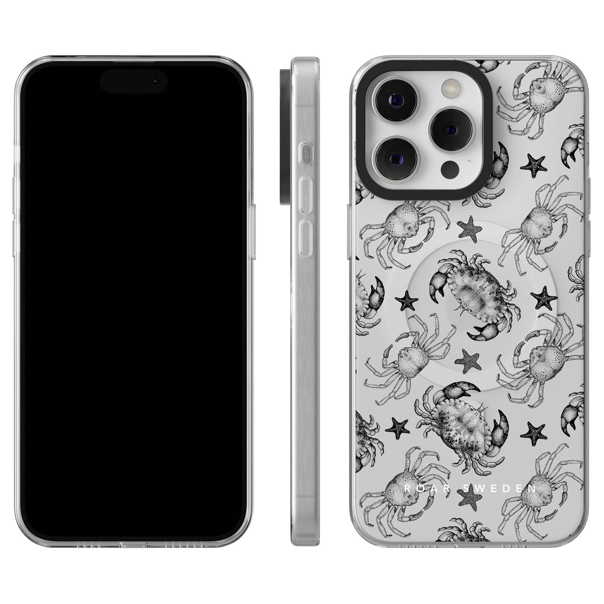 The image showcases three views of a smartphone with a black screen and a stylish phone case from the Ocean Collection. The Black Crab - MagSafe features an eye-catching black and white crab and starfish design, including front, side, and back views of this trendy smartphone accessory.