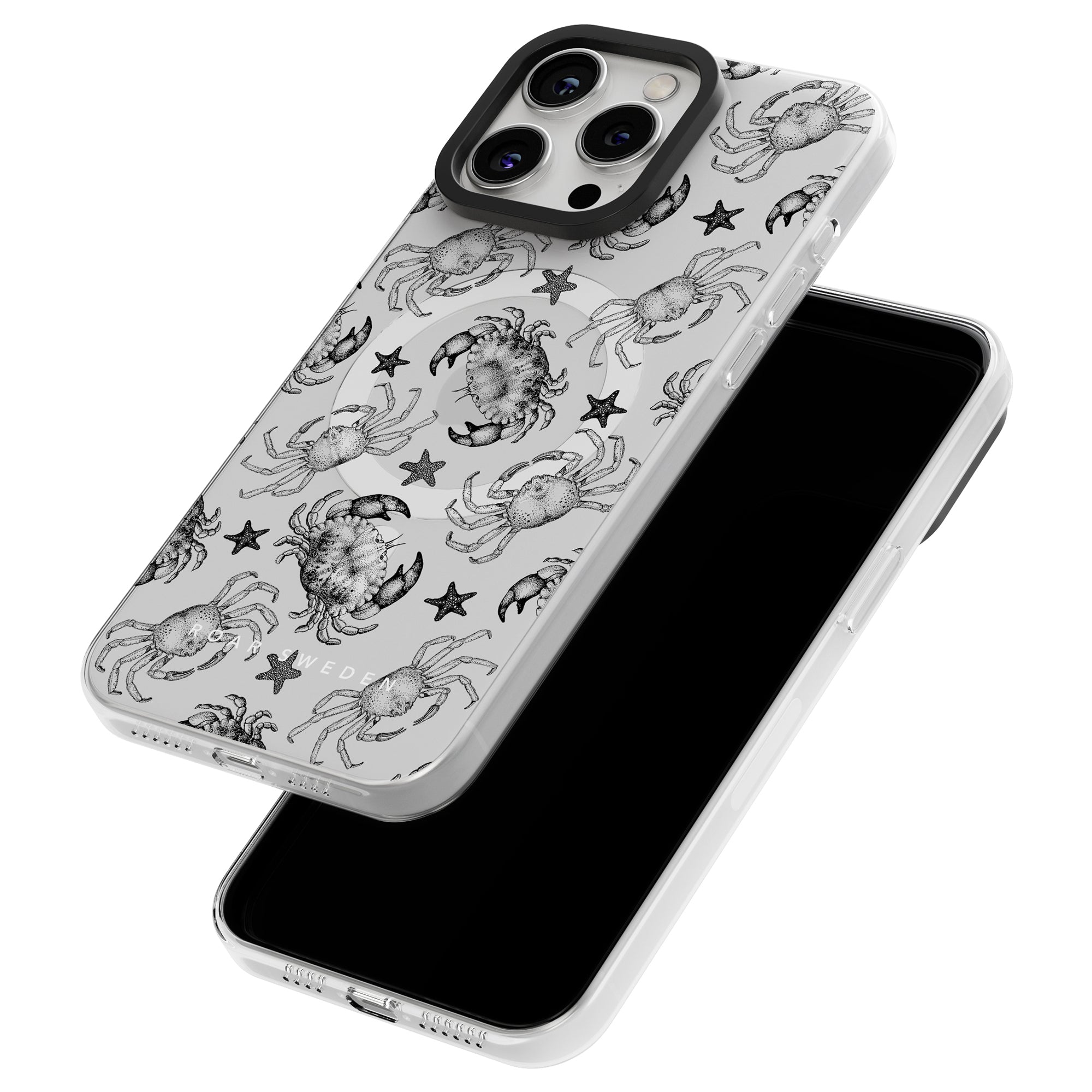 Two smartphones from the Ocean Collection are positioned, showcasing their crab and starfish patterned cases. One phone displays its vibrant screen, while the other highlights the intricate design of the Black Crab - MagSafe.