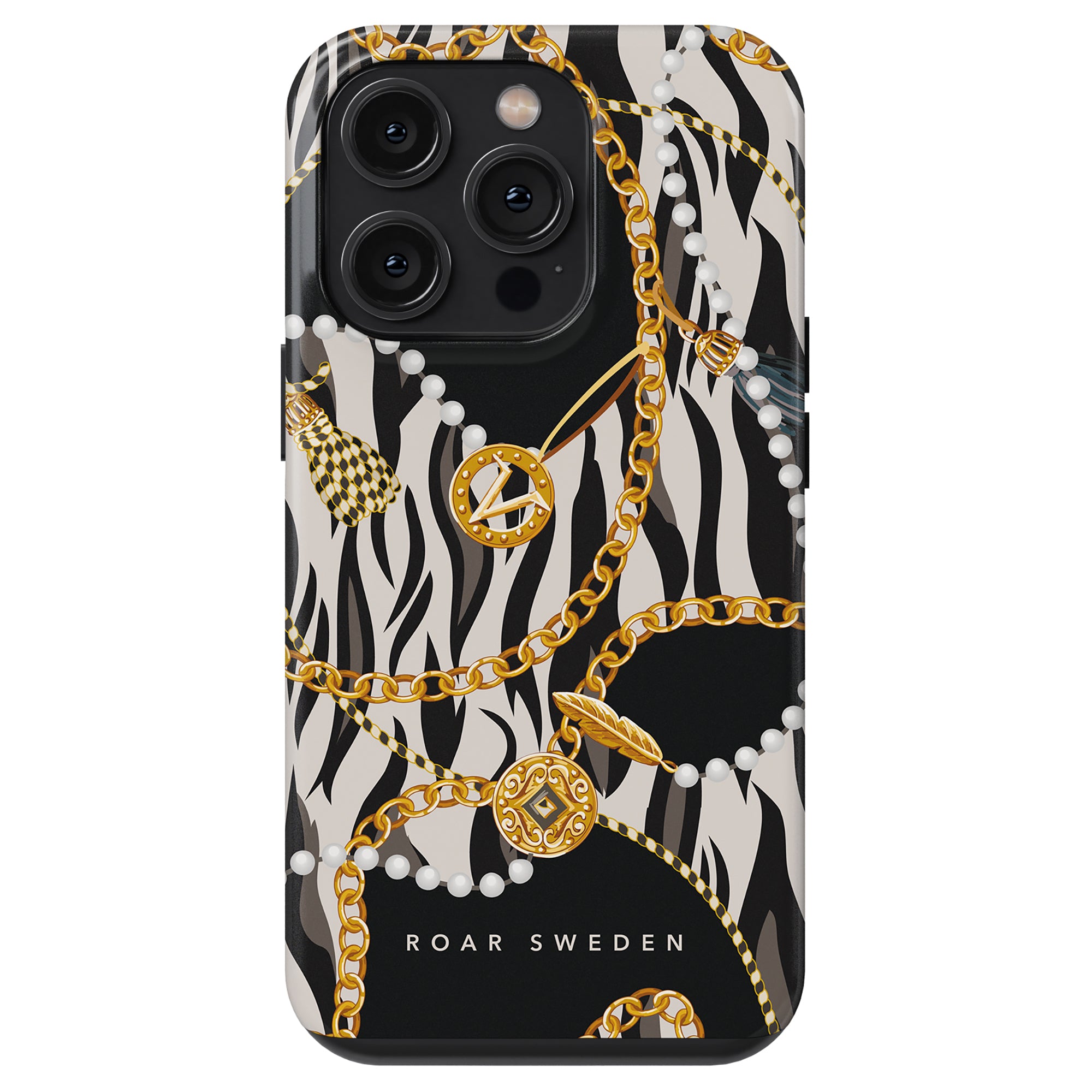 Ett lyxigt Bling - Tough Fodral med zebratryck och guldkedjor, perfekt för att lägga till en touch av vild elegans till din smartphone.