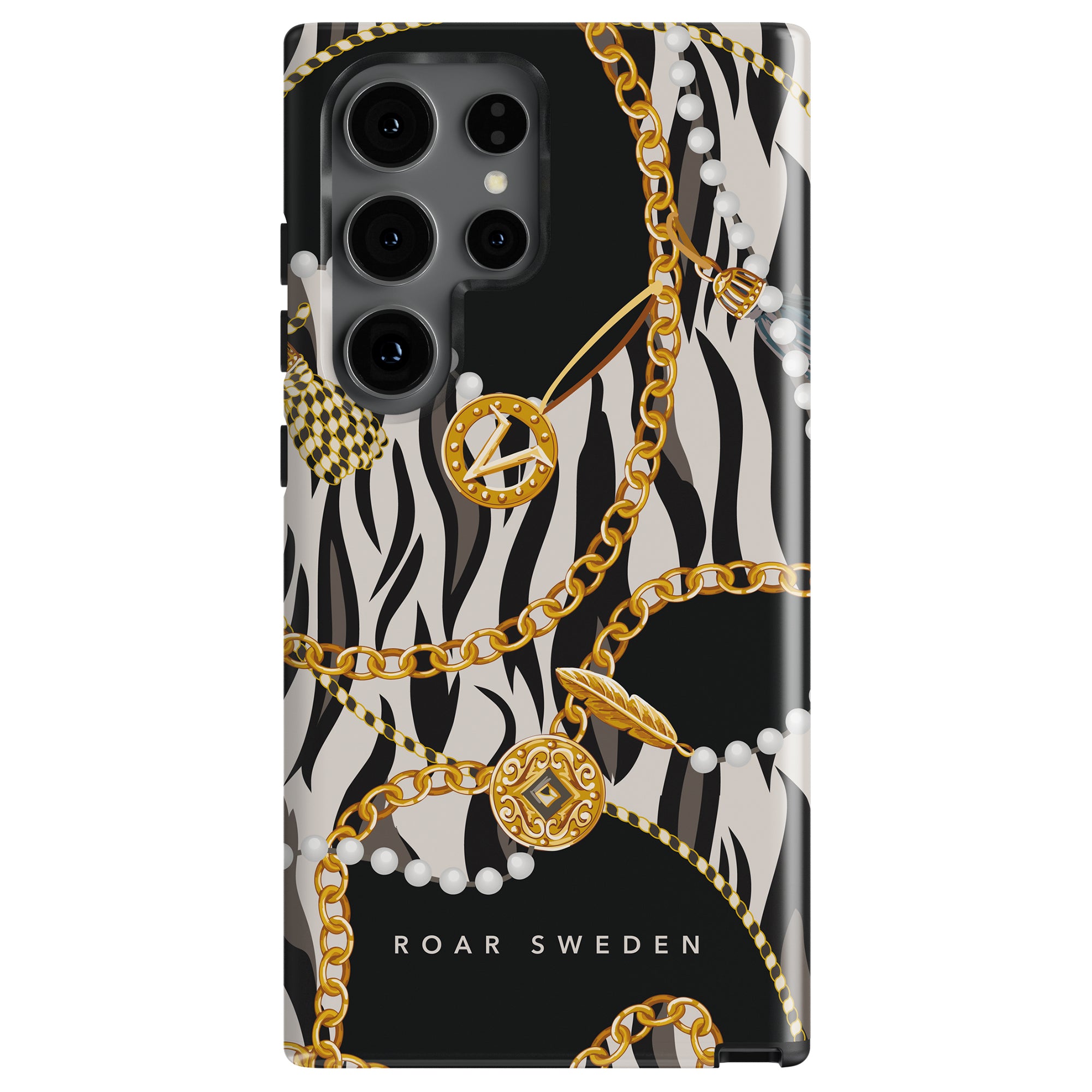 A Bling - Tough Case, this smartphone accessory boasts a zebra djurmönster adorned with gold chains, pearls, and a gold charm. The text "ROAR SWEDEN" is printed at the bottom for an added touch of chic.