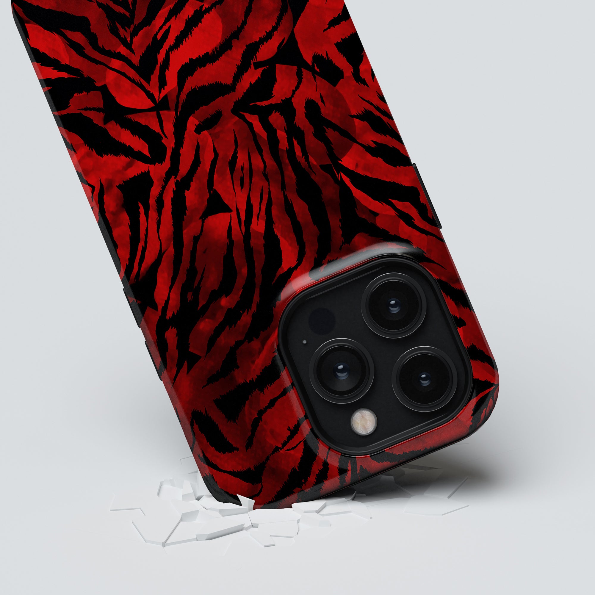 A vibrant Blood Tiger - Tough Case for the iPhone 11, featuring bold red and black colors.