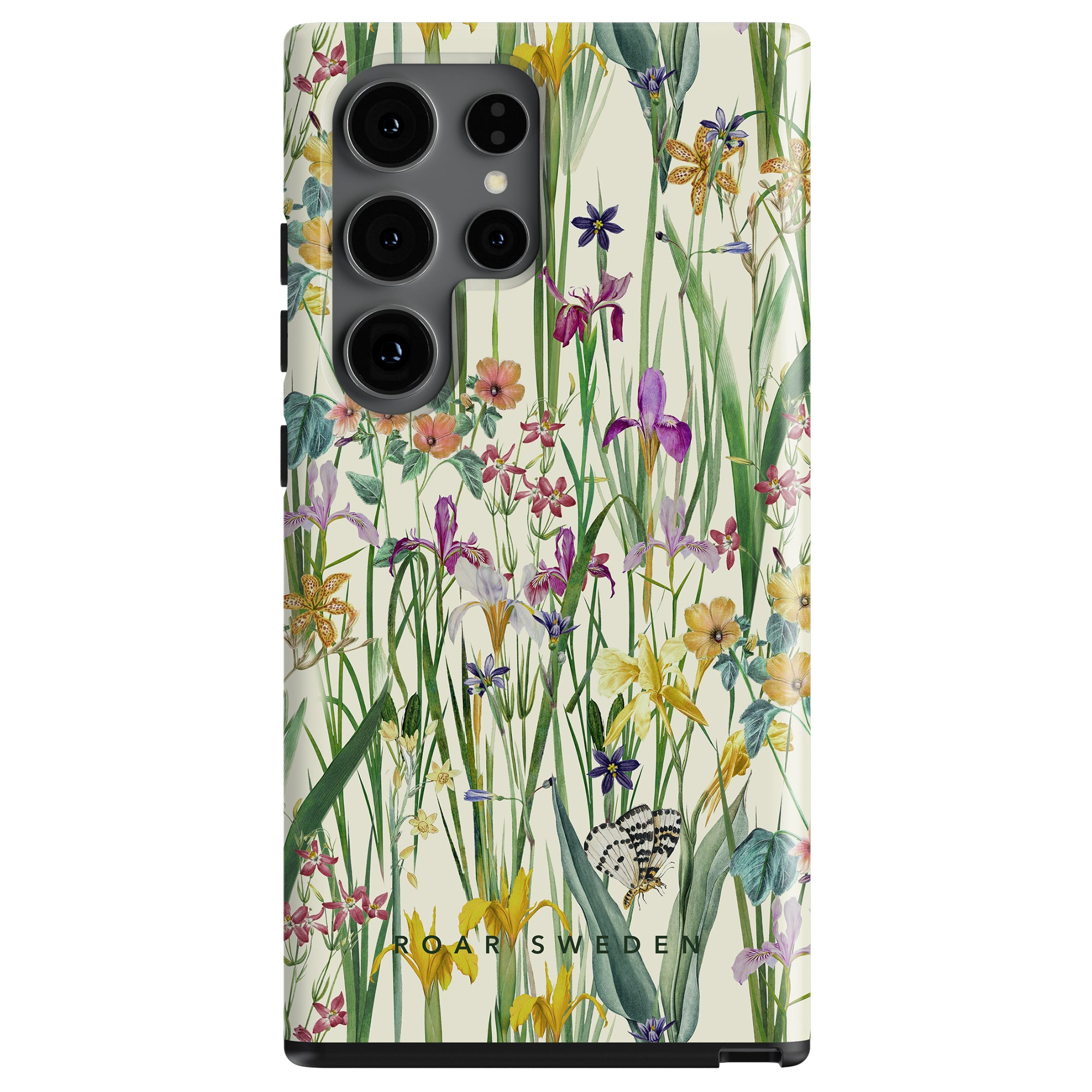 A smartphone with a Blooming Meadow - Tough Case, showcasing various flowers and a butterfly, and highlighting the camera lenses and brand logo.
