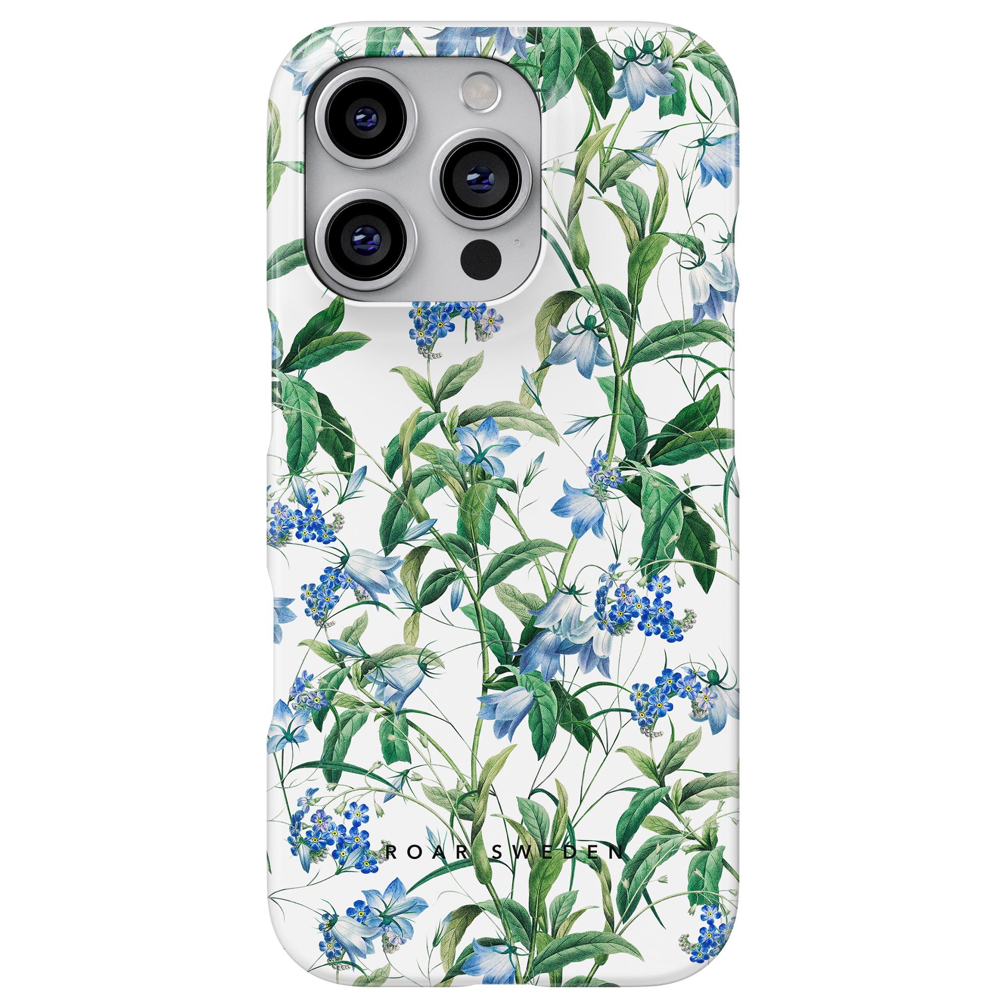 A smartphone embellished with a Blue Bells Slim Case by Skandinavisk Sommar, featuring vibrant green leaves and enchanting floral patterns.