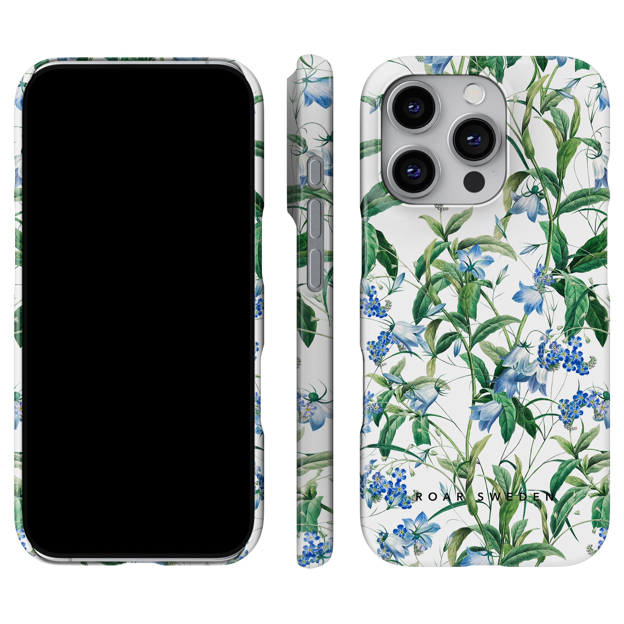 Adorn your smartphone with elegance using our Blue Bells - Slim Case, featuring a Scandinavian summer-inspired floral design with delicate blue and white flowers and lush green leaves beautifully displayed from multiple angles.