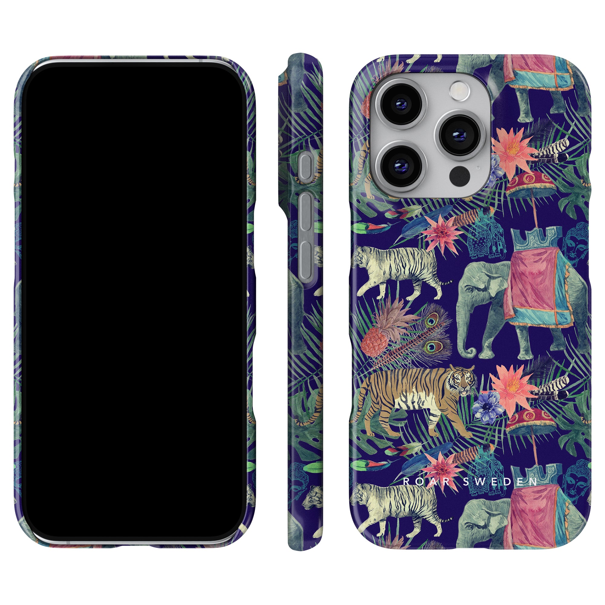 This Bombay - Slim case features a vibrant jungle design with exotic animals such as elephants, tigers, and peacocks surrounded by lush foliage on a dark background, providing robust protection for your phone.