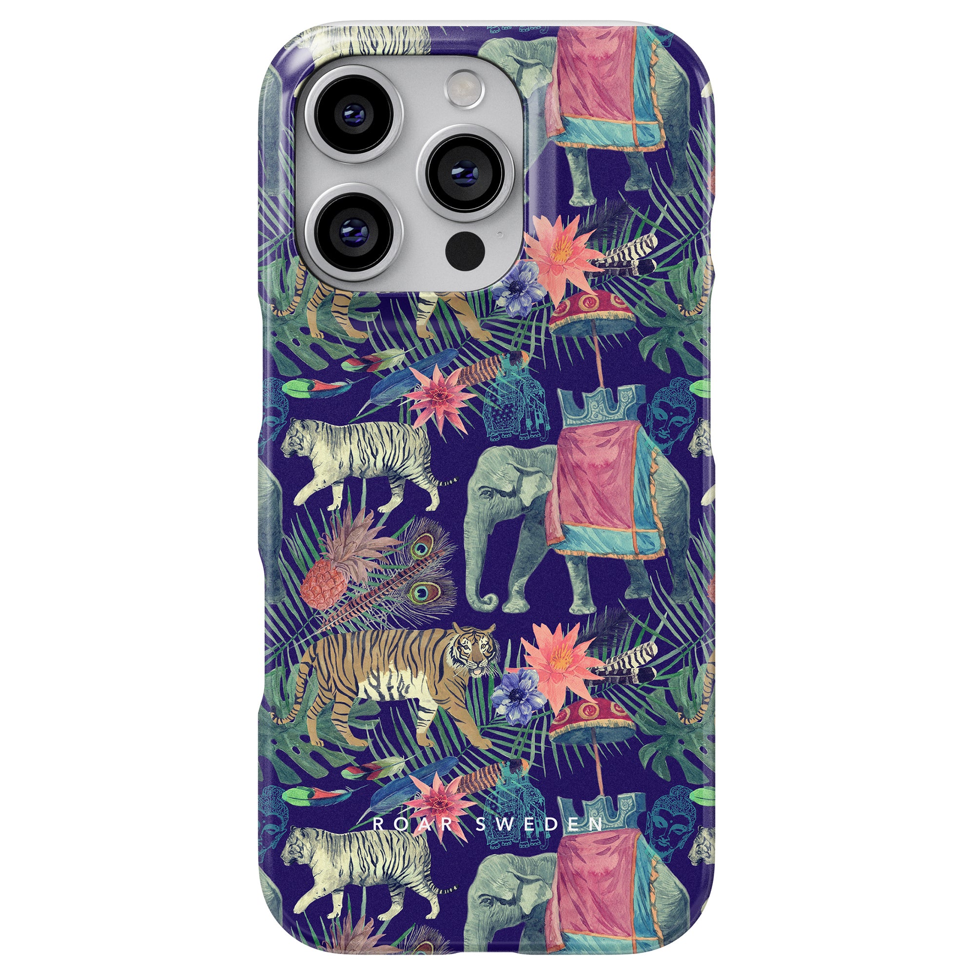 Discover the charm of exotiska djur with our Bombay - Slim case. This protective phone case features a lively jungle design, highlighting tigers, elephants, colorful foliage, and flowers against a bold dark backdrop.