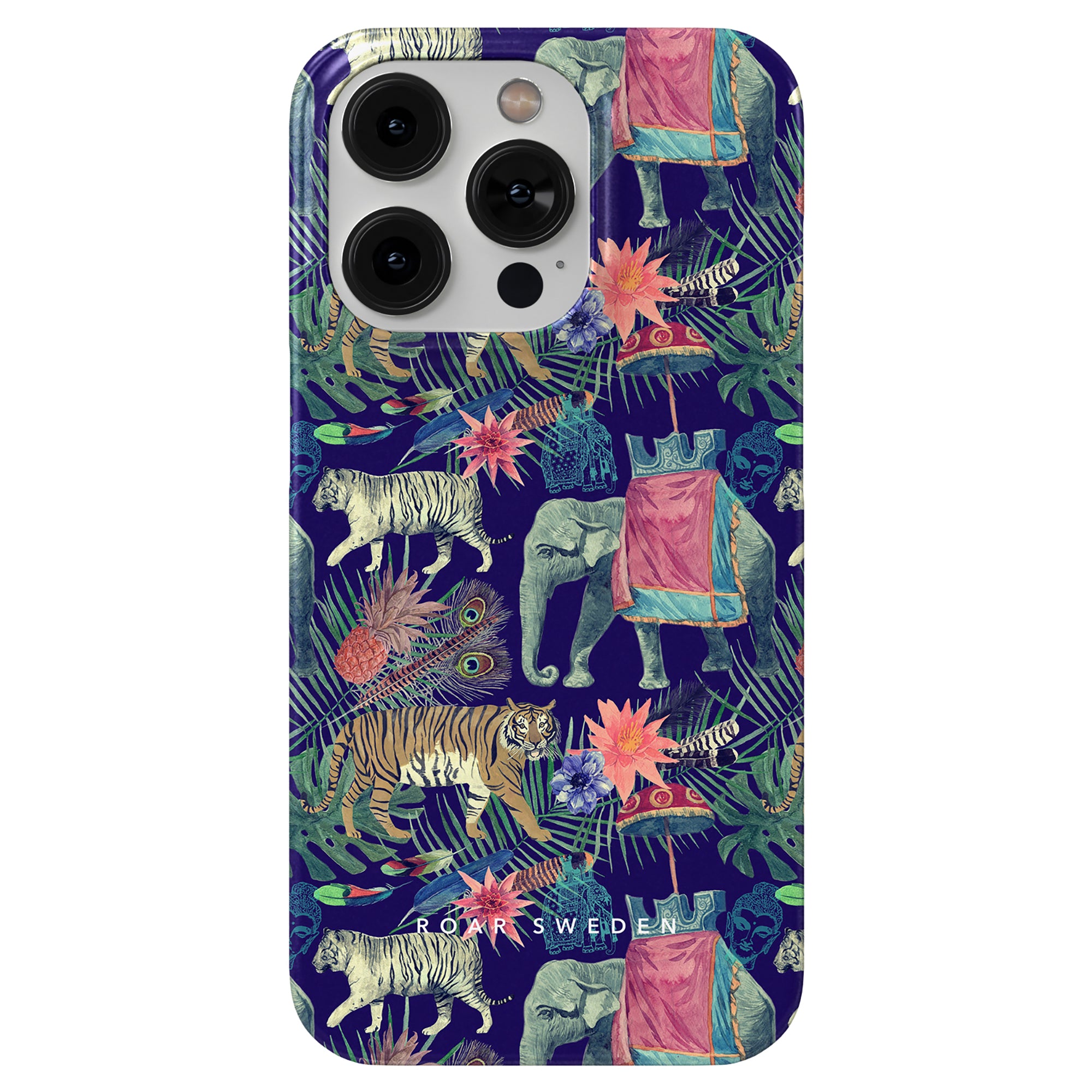 A Bombay slim smartphone case with a blue tiger and flowers on it.