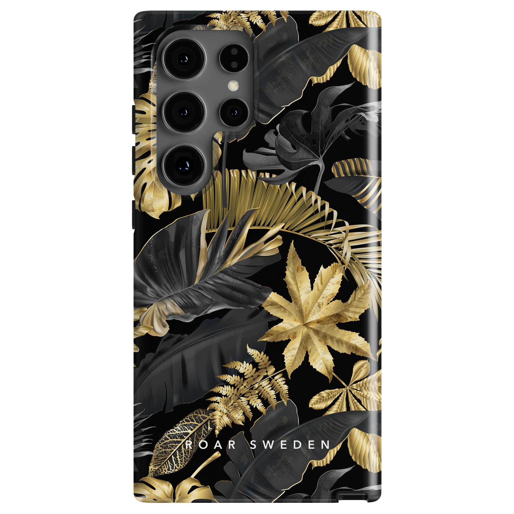 Smartphone with a black and gold tropical leaf patterned case, known as the Botanic Gold - Tough case, featuring the text "ROAR SWEDEN" at the bottom for extra flair.