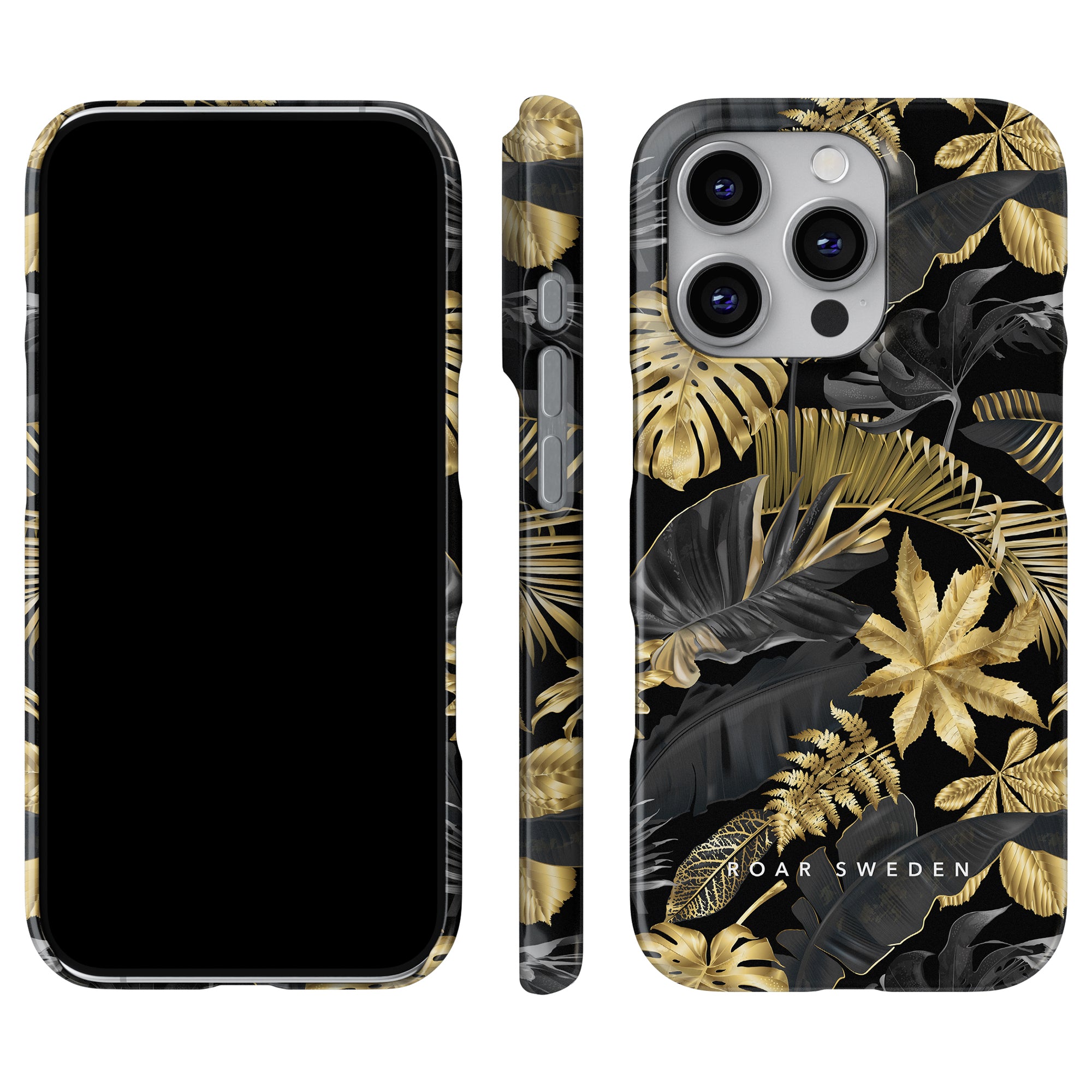 A smartphone with a black screen and the Botanic Gold - Slim case, showcasing a beautiful black and gold leaf design. It includes the "ROAR SWEDEN" logo for unparalleled protection and style.