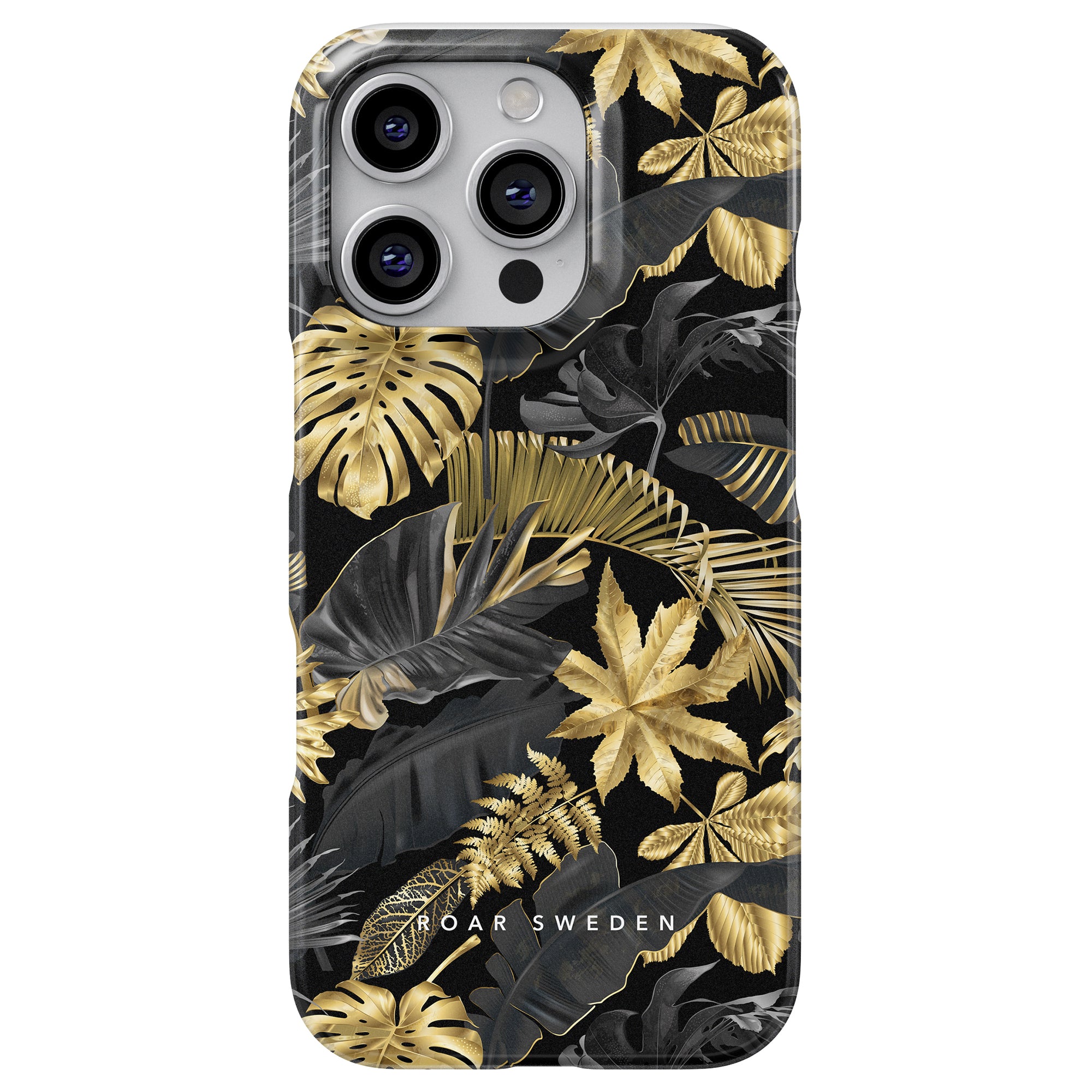 The Smartphone showcases the Botanic Gold - Slim case, featuring a sleek tropical leaf design that offers both elegance and robust protection with its black and gold tones.