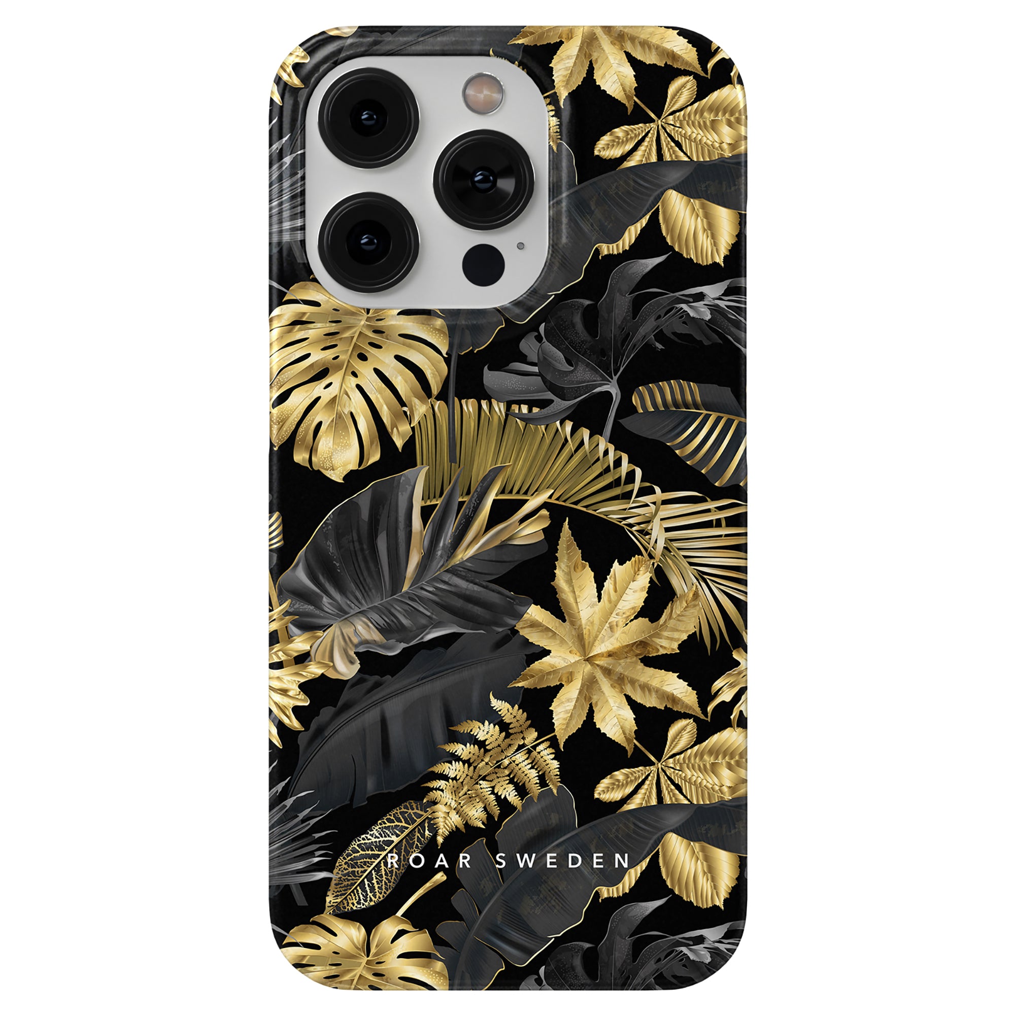 Ett Botanic Gold - Tunt telefonfodral, som kombinerar elegant svart design med livfulla tropiska löv för extra stil och skydd (skydd).