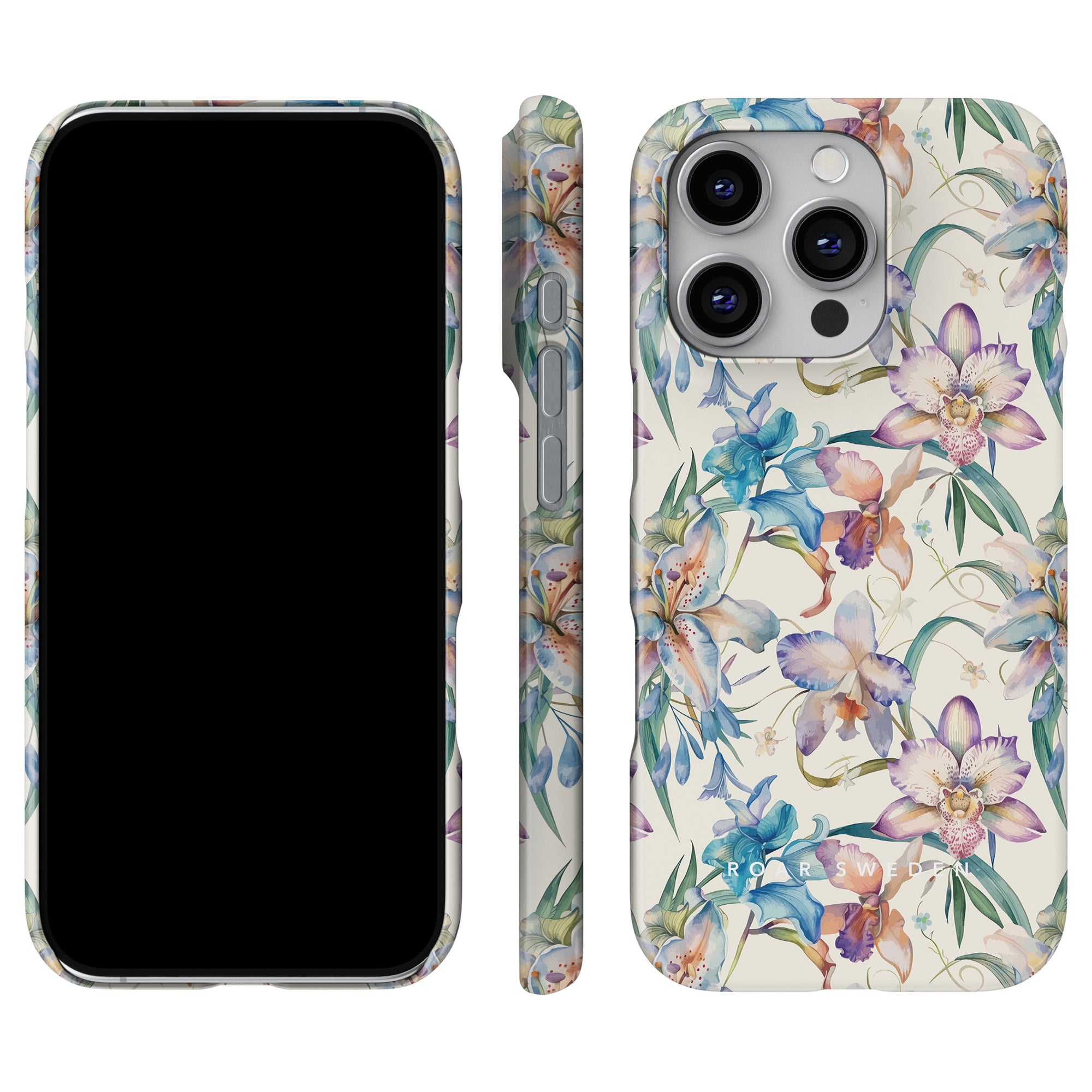 The Bouquet - Slim case features a smartphone beautifully encased in a vibrant floral design. This piece from the Floral Collection offers views of the device from the front, back, and sides, effectively highlighting its colorful appeal.