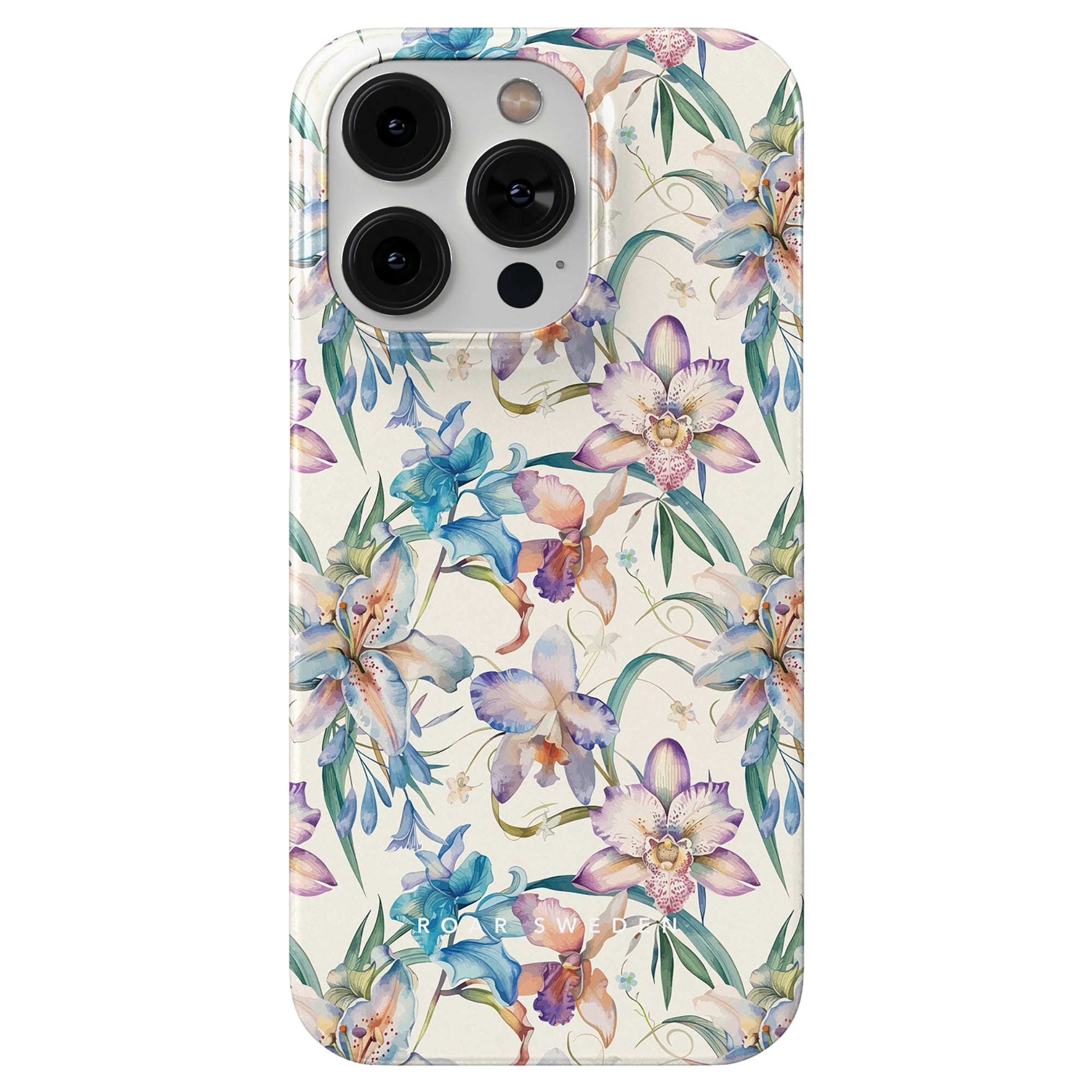 A smartphone with a case from the Floral Collection, featuring a vibrant floral design in various colors. The Bouquet - Slim Case offers stylish smartphone protection with "DROSEWID" elegantly inscribed near the bottom.