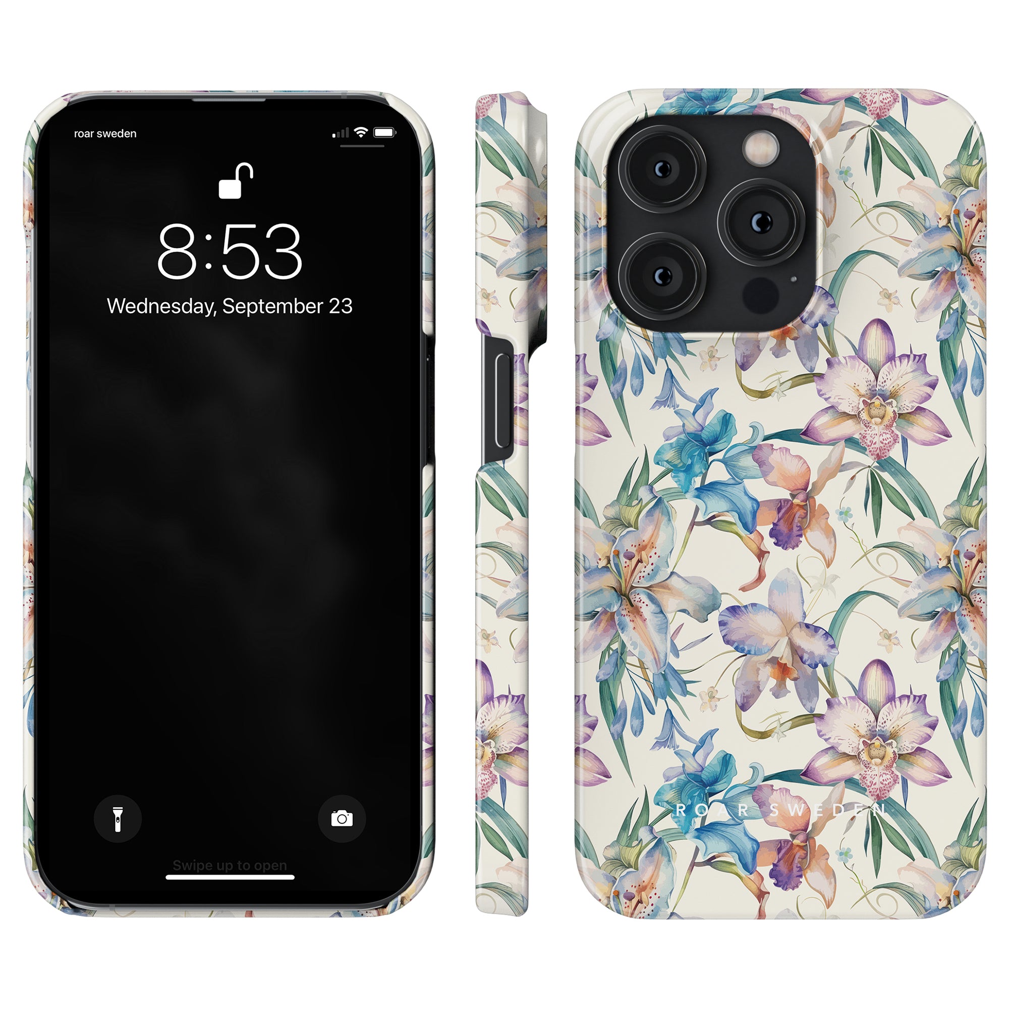 A smartphone with a Bouquet - Slim Case features colorful flowers on a white background. The screen displays the time 8:53, date Wednesday, September 23, and a swipe to unlock prompt, providing both elegance and smartphone protection.
