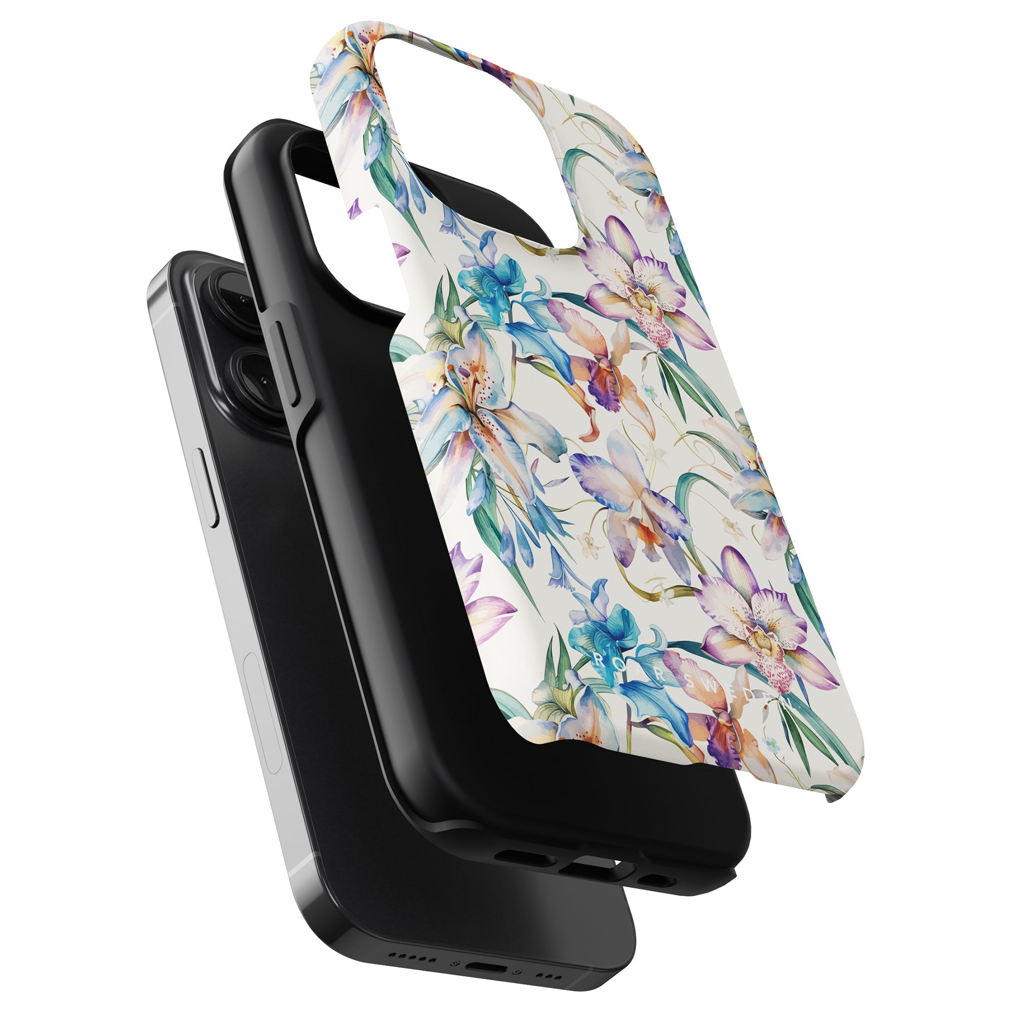 Three smartphone cases are shown: a plain black one, a transparent one, and a colorful floral patterned one from our "Summer Collection." The vibrant Bouquet - Tough Case is lifted above the two plain cases.