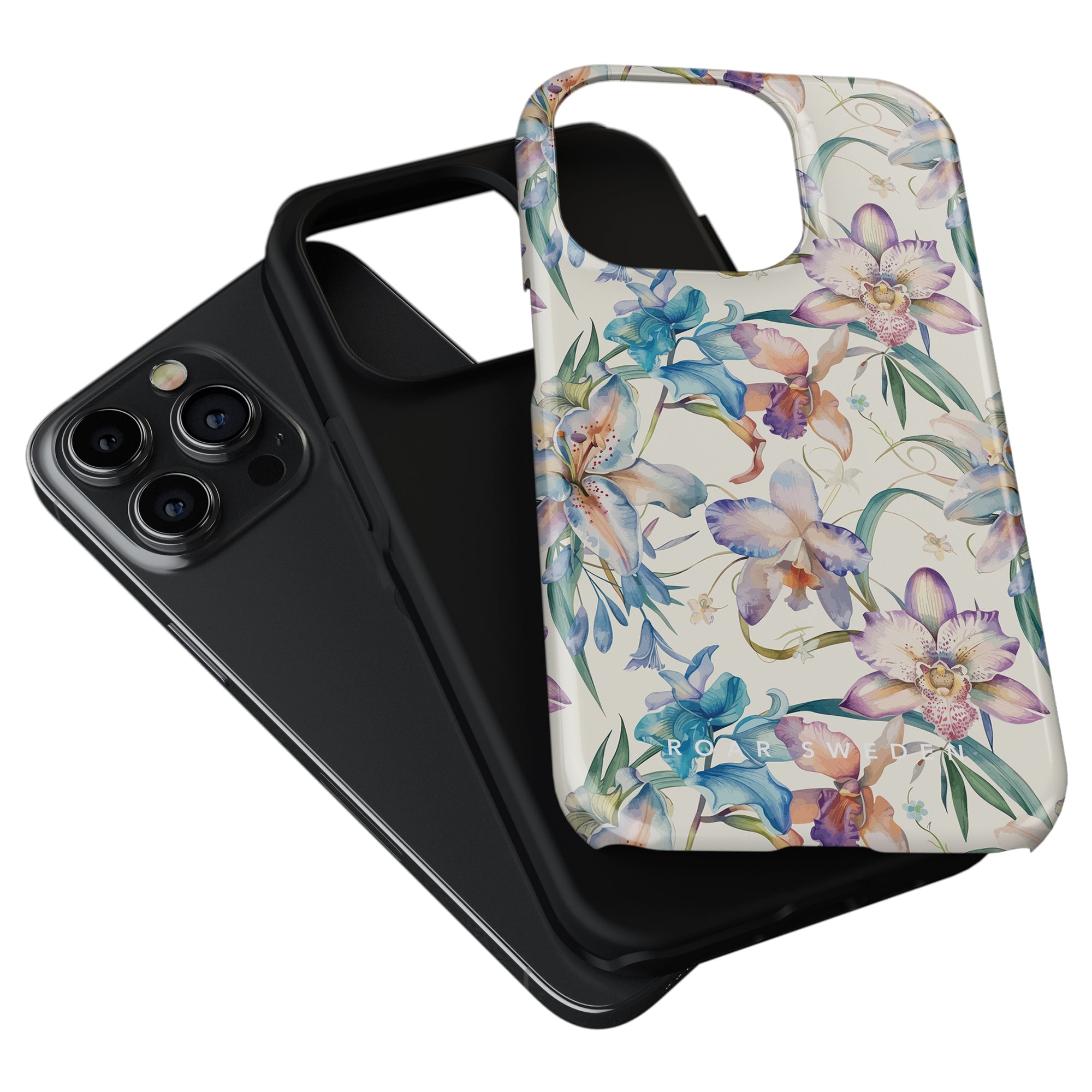 The new Summer Collection features two stunning smartphone cases: one sleek black and the other a vibrant floral design. Displayed stacked, with a smartphone partially visible underneath, the Bouquet - Tough Case showcases the beauty of blommiga smartphone-skal.