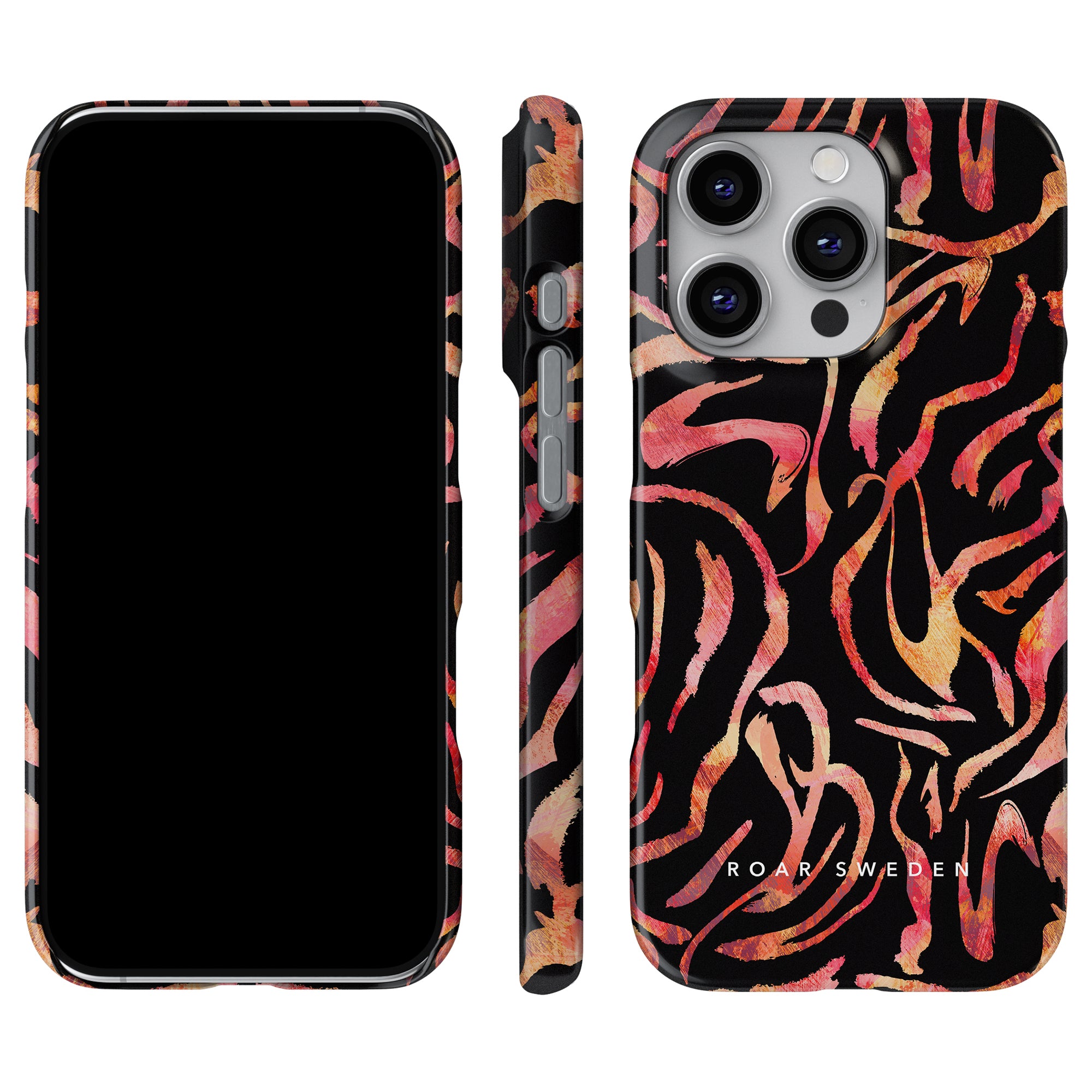 The Burning Stripes - Slim case is showcased in vibrant, abstract black and orange with burning stripes, displayed from the front, side, and back views. This slim mobilskalet enhances the smartphone's style while maintaining a sleek profile.