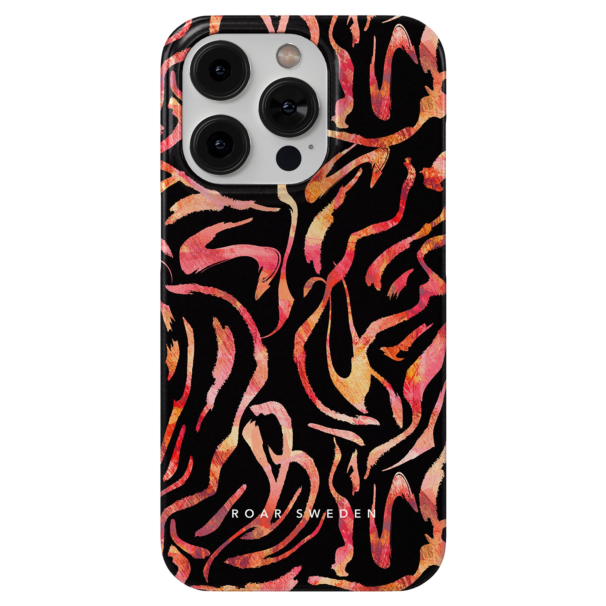 A smartphone with a slim case from the Hybrid Collection, featuring an abstract pattern of red, pink, and yellow swirls on a black background and the text "ROAR SWEDEN" printed at the bottom. This is the Burning Stripes - Slim case.