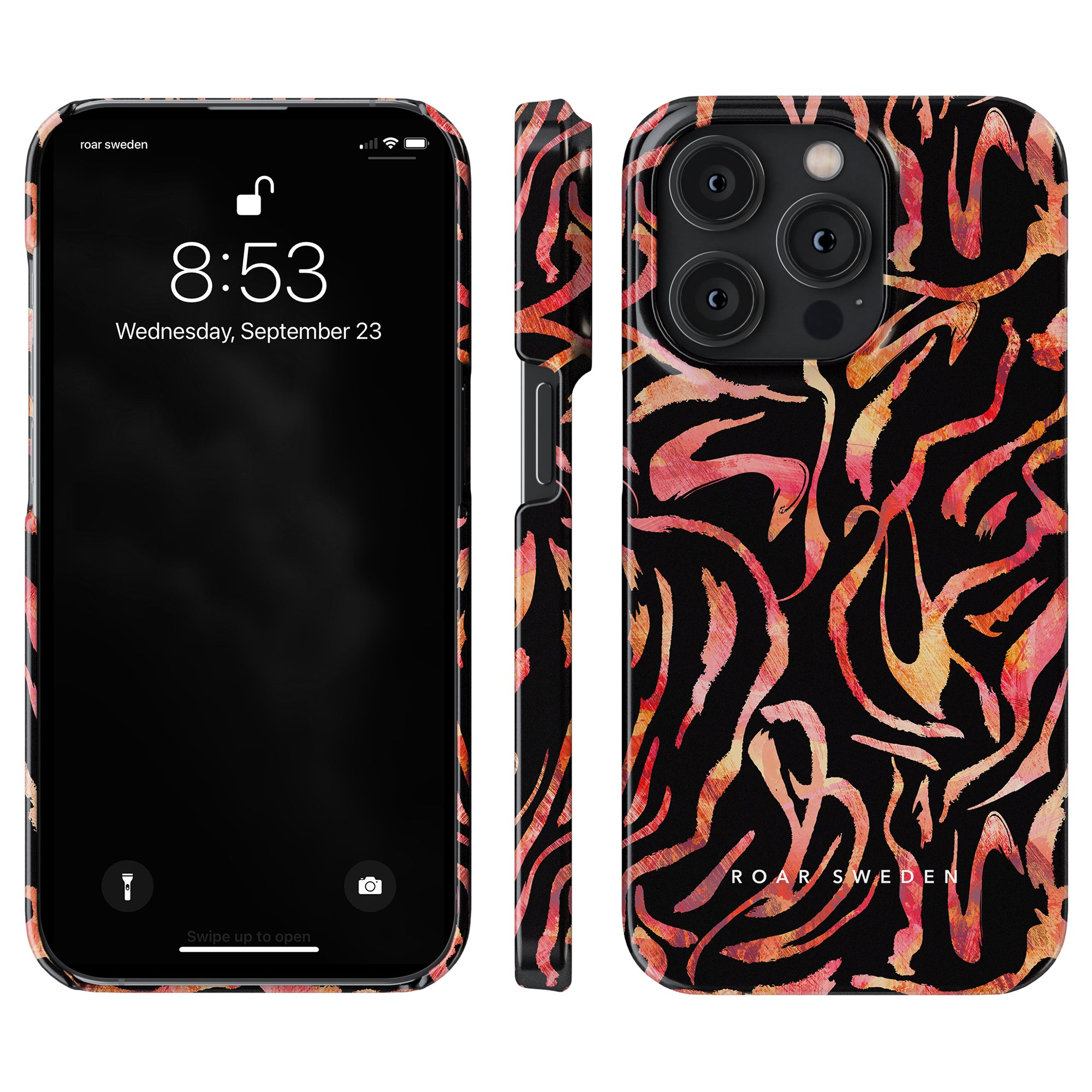 This is the "Burning Stripes - Slim case," a smartphone cover displaying the time and date. It features a vibrant tiger-stripe pattern in pink, orange, and black colors and is labeled "ROAR SWEDEN" from the Hybrid Collection.