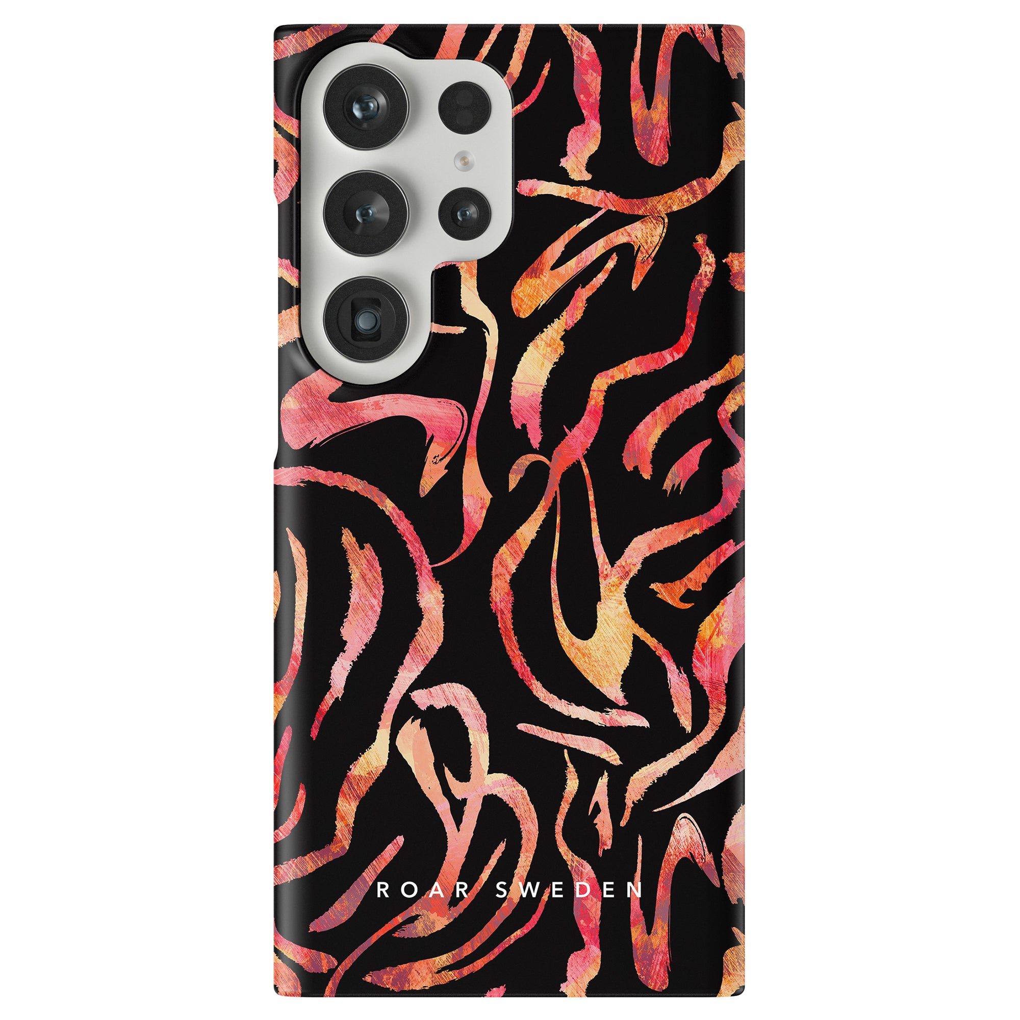 A smartphone with a "ROAR SWEDEN" branded Burning Stripes slim case, showcasing an abstract pattern in red, orange, and black.