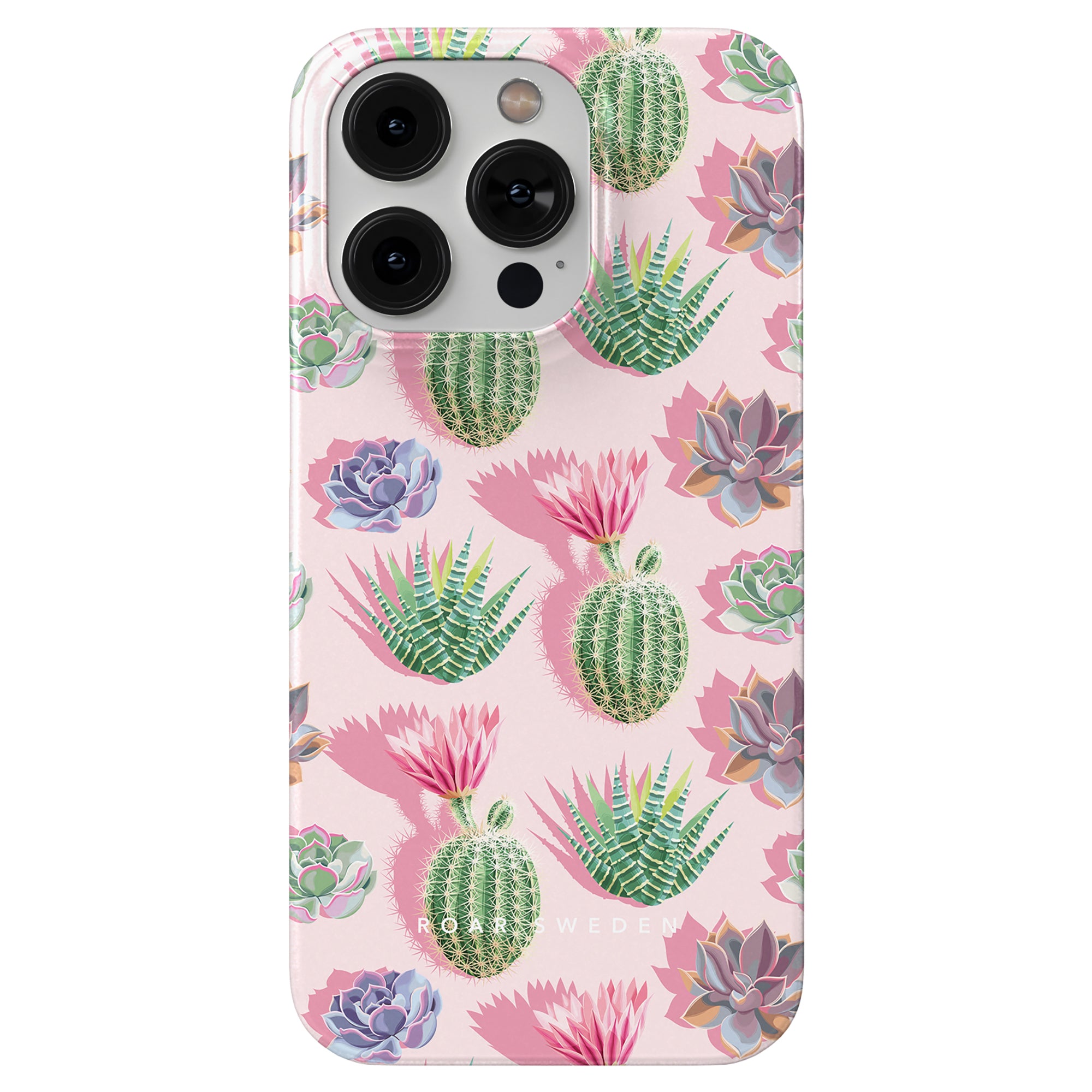 Introducing the Cactus Pop - Slim Case: a smartphone case featuring a colorful pattern of cacti and succulents set against a light pink background. Experience the vibrant, unique charm of the Exotic Collection every time you use your phone.