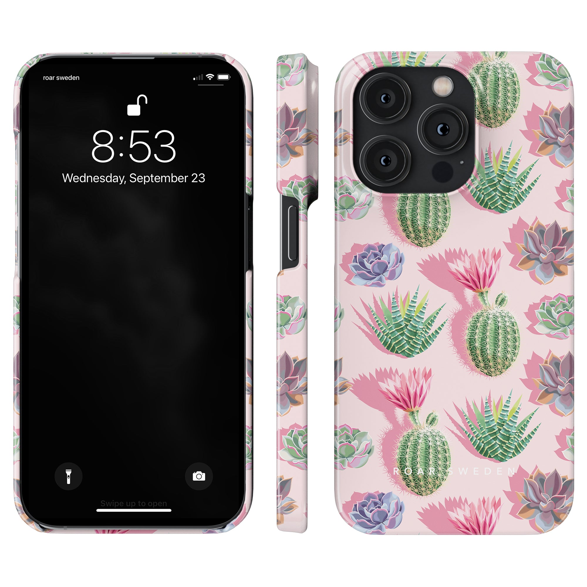 A black smartphone displaying the time and date is equipped with the Cactus Pop - Slim case, featuring a colorful cactus and succulent pattern against a pink background, part of the Exotic Collection.