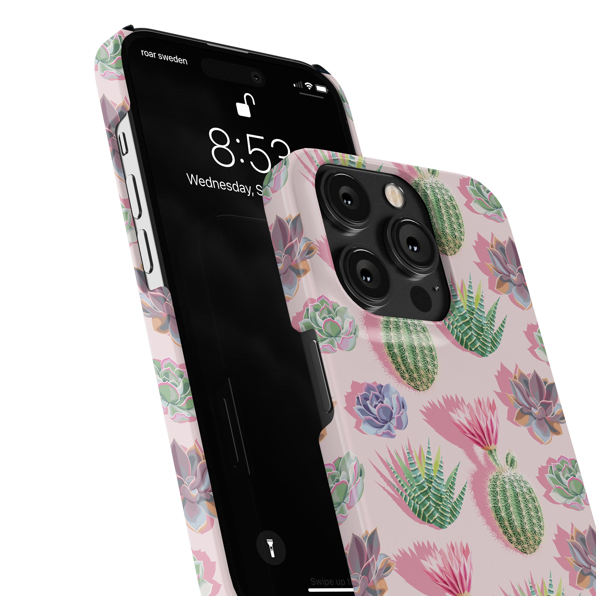 Close-up of a smartphone encased in the sleek Cactus Pop - Slim case from the Exotic Collection, showcasing desert-themed floral designs with cacti and succulents, displaying the time as 8:52 on its screen.