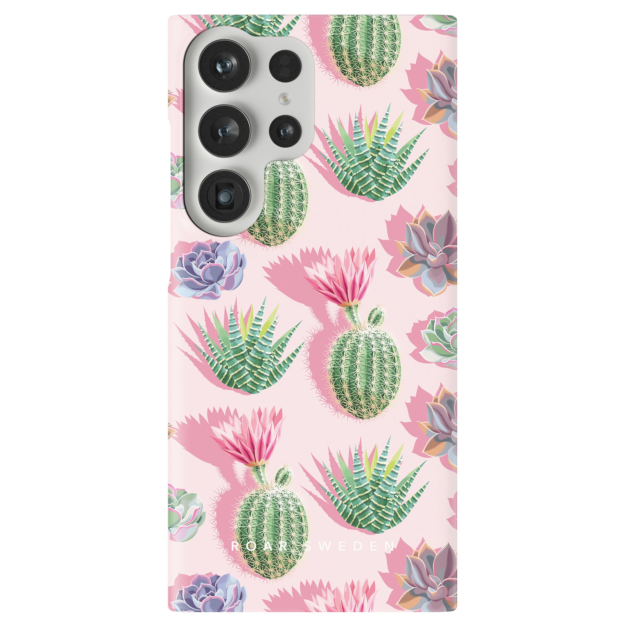 A phone with the Cactus Pop - Slim case features a light pink background adorned with illustrations of green cacti and various succulents, creating a delightful aesthetic as part of the Exotic Collection.