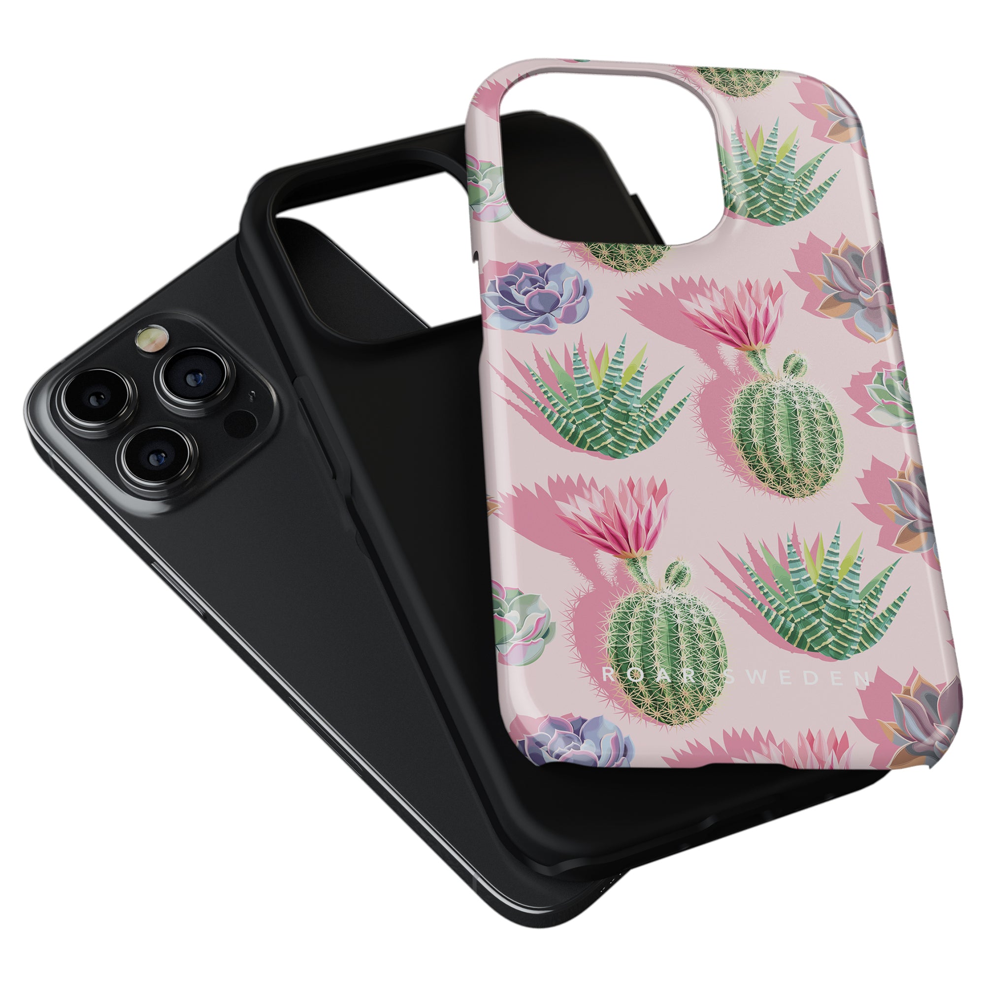 Two smartphone cases are shown. One is plain black, and the other is the Cactus Pop - Tough Case from the Exotic Fruits Collection, featuring vibrant illustrations of cacti and succulents in a stylish pink design. Both cases offer extremt stöttålig protection for your phone.