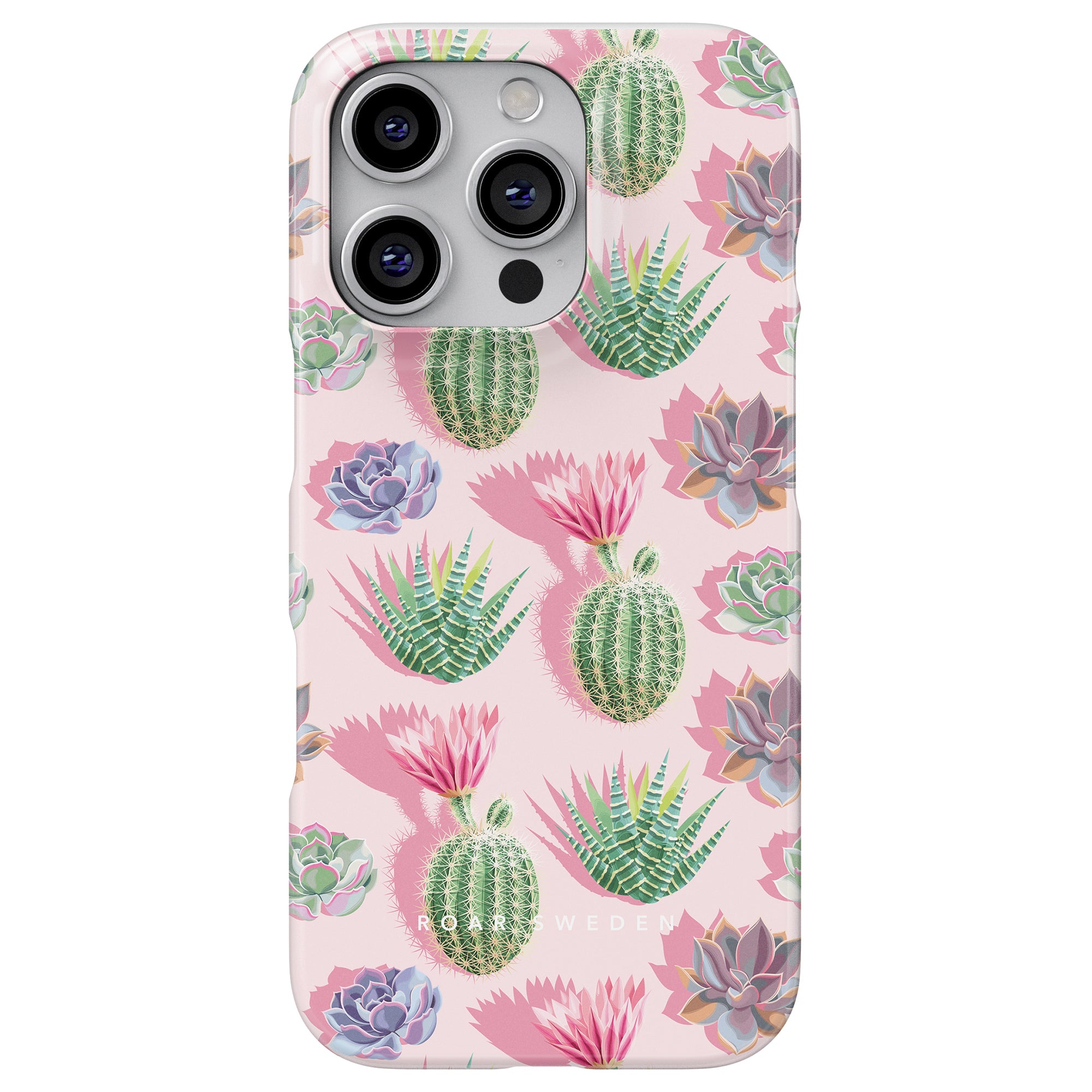 Introducing the Cactus Pop - Slim case, a part of the Exotic Collection, featuring a delightful pink background with an enchanting pattern of various cacti and succulent plants.