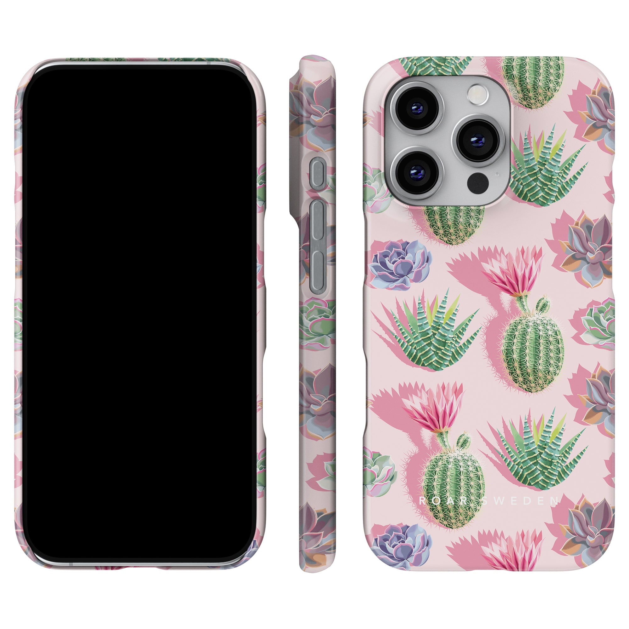 Discover the Cactus Pop - Slim Case from our Exotic Collection, showcasing an enchanting design of pink cactus and succulent patterns. This case is presented with frontal, side, and rear views on a phone, seamlessly blending stylishness with protection.