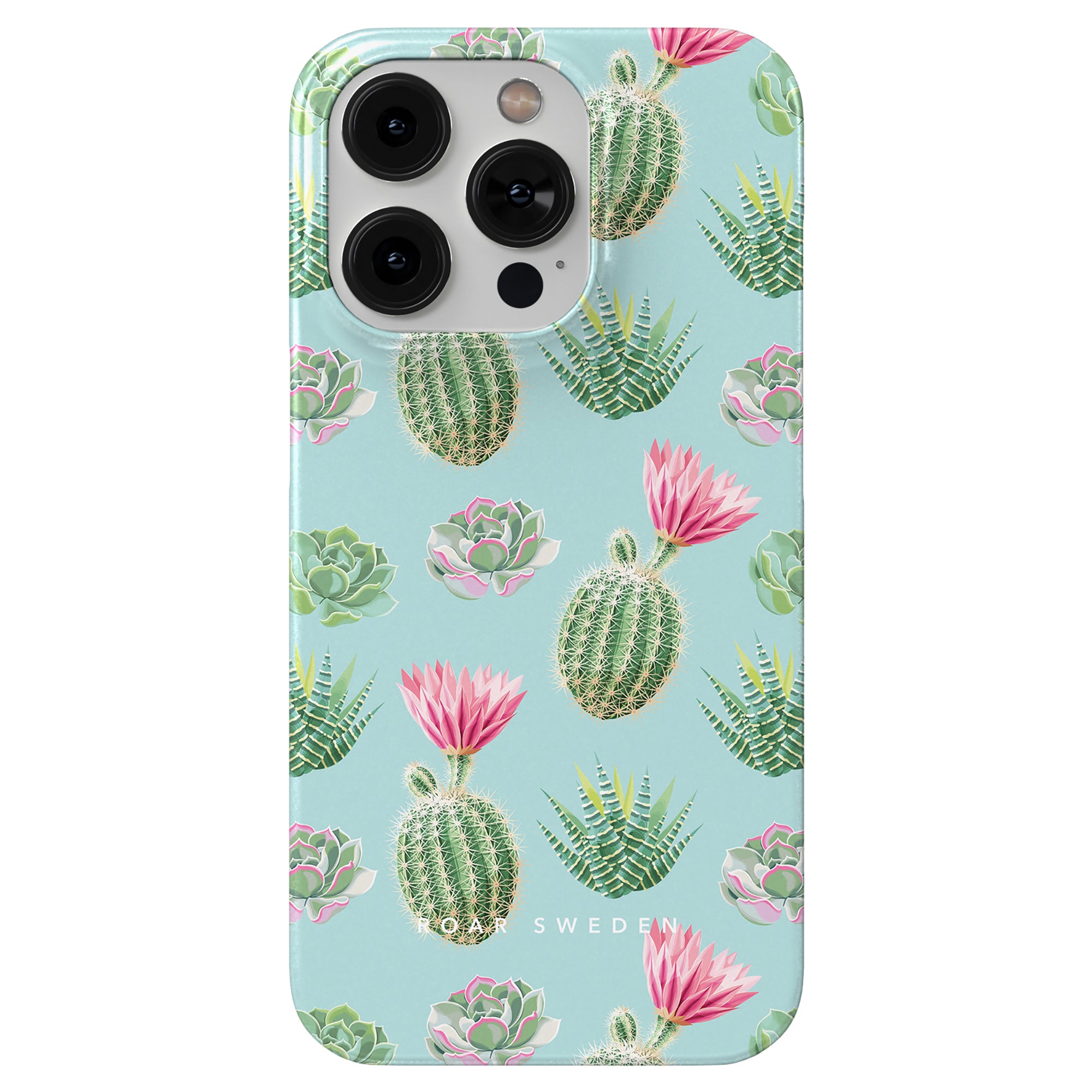 The Cactus Splash - Slim case showcases a stylish design from the Exotic Collection, featuring green cacti, pink flowers, and succulents on a light blue background.