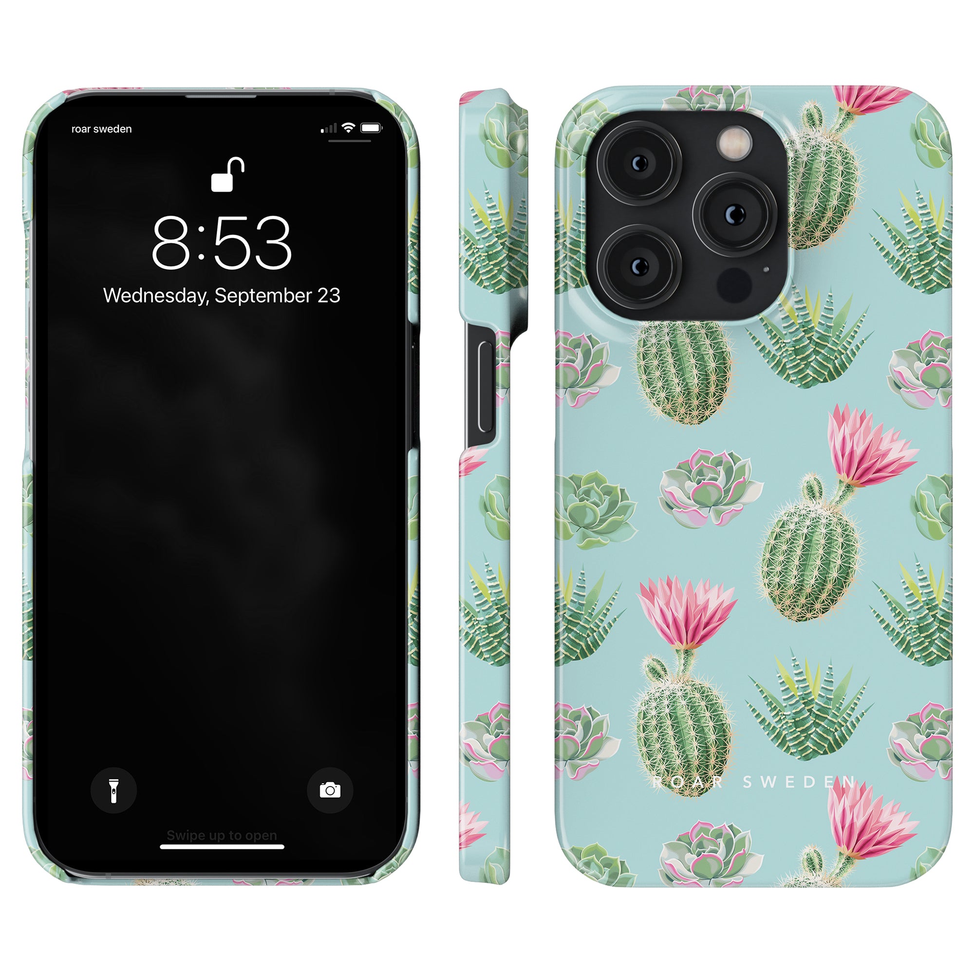 Front and back views of a smartphone with the Cactus Splash - Slim case from the Exotic Collection. The phone display shows the date and time as 8:53 on Wednesday, September 23.