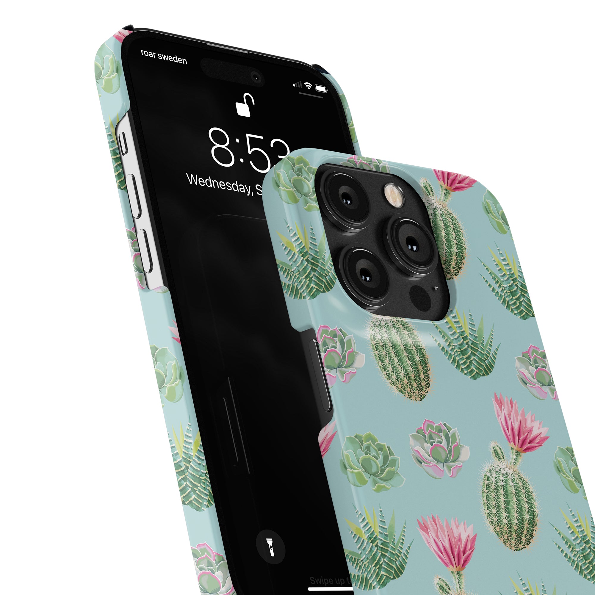 A Cactus Splash-themed slim case from the Exotic Collection showcases a smartphone lock screen at 8:53 on Wednesday, September 14.