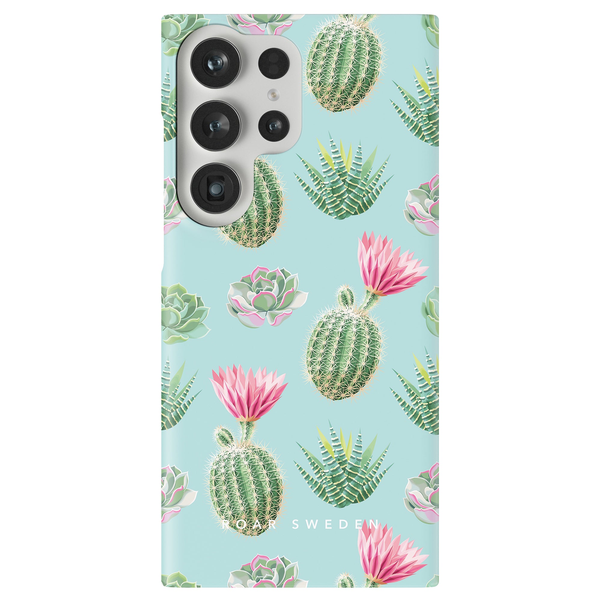 The Cactus Splash - Slim Case from the Exotic Collection showcases a light blue background adorned with illustrations of cacti, succulents, and pink flowers. The camera section is designed to remain visible, and "Ideal of Sweden" is elegantly printed at the bottom. This design perfectly captures a refreshing Cactus Splash aesthetic.