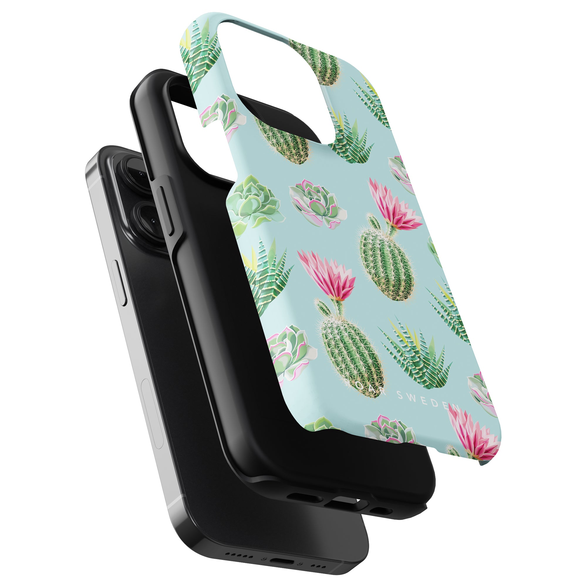 Three phone cases stacked together: one with a vibrant Cactus Splash - Tough case design featuring cacti and succulents, and the other two in solid black from our Exotic Fruits Collection.