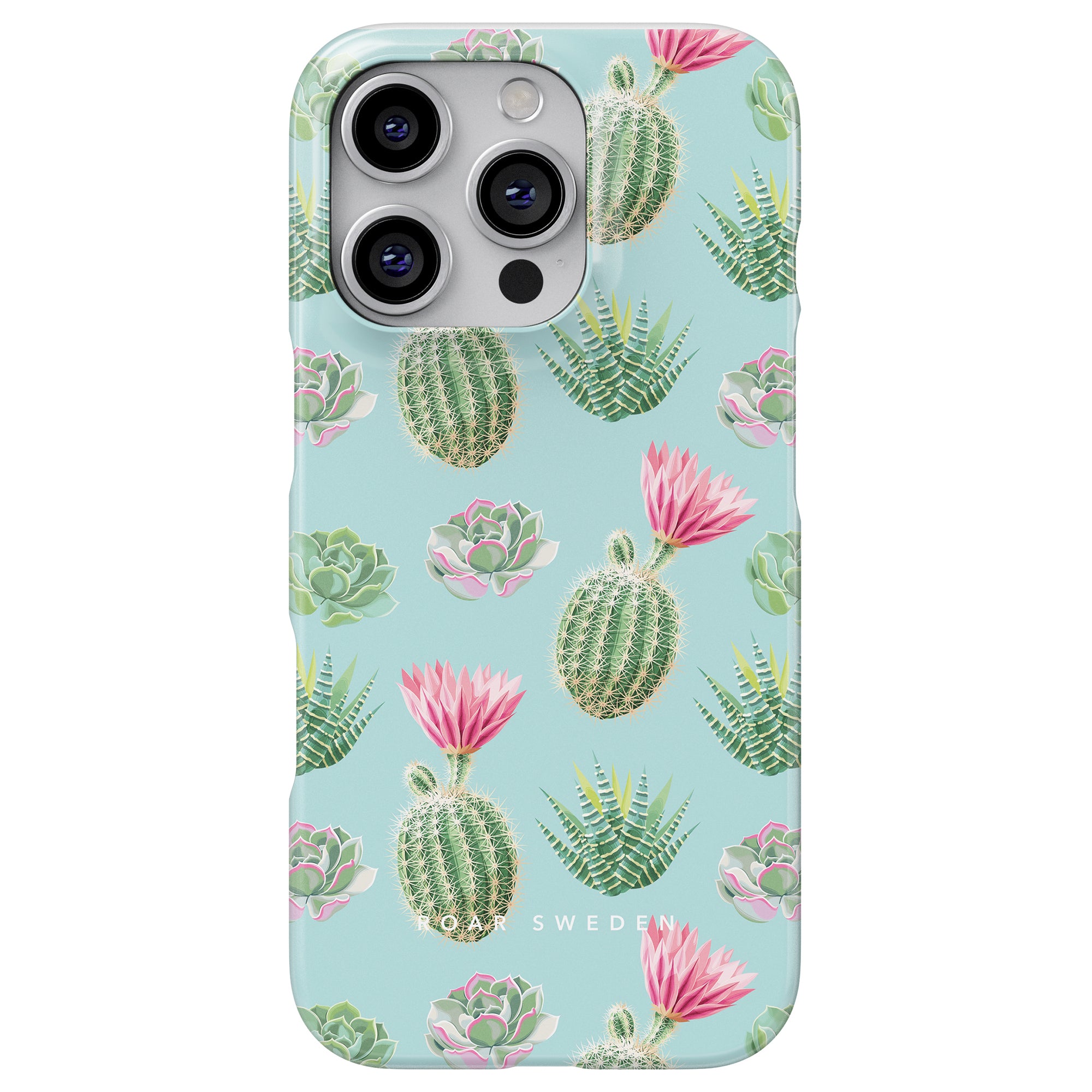 Introducing the Cactus Splash - Slim case, a piece from our Exotic Collection that showcases a botanical design with cacti, succulents, and ferns set against a light blue background.