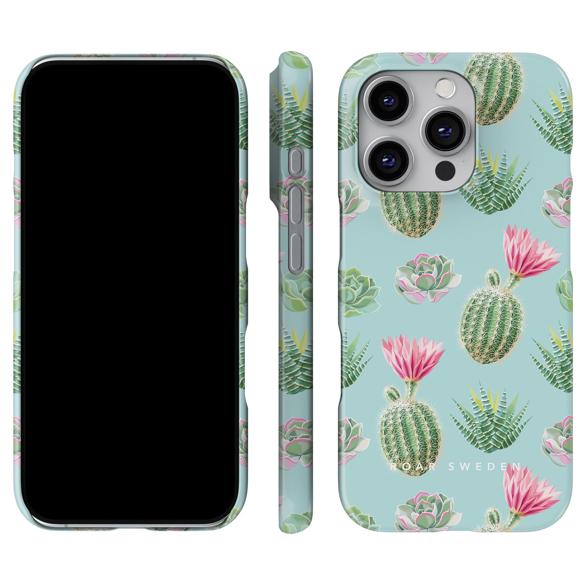 Explore our Exotic Collection with the Cactus Splash - Slim Case, showcasing a lively pattern of cacti and succulents. The case is displayed from the front, side, and back to give you a comprehensive look at its chic design.