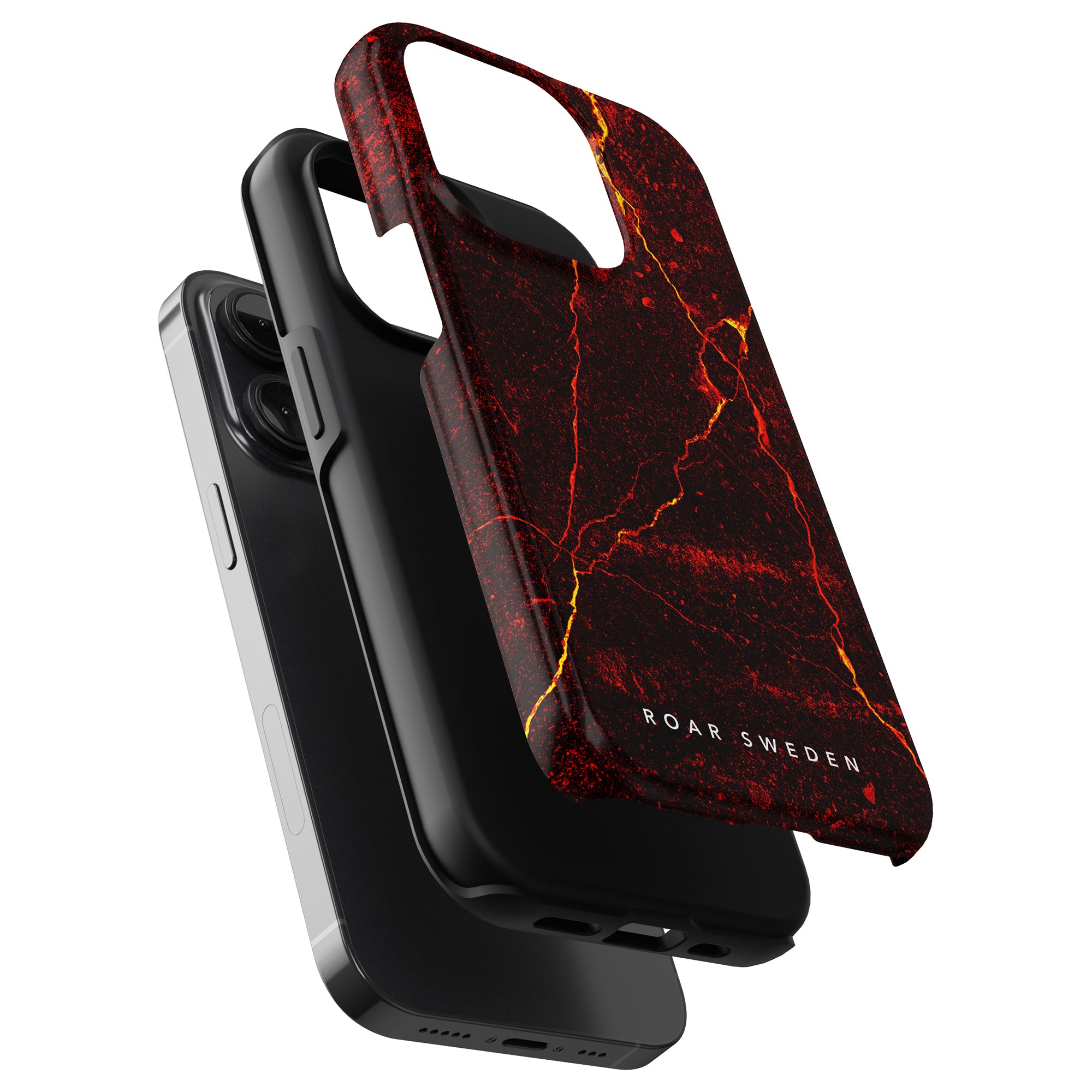 Roar Sweden's Caldera - Tough Case är ett elegant och snyggt smartphonefodral speciellt designat för iPhone 11 Pro. Detta högkvalitativa fodral har en modern design i svart och röd marmor