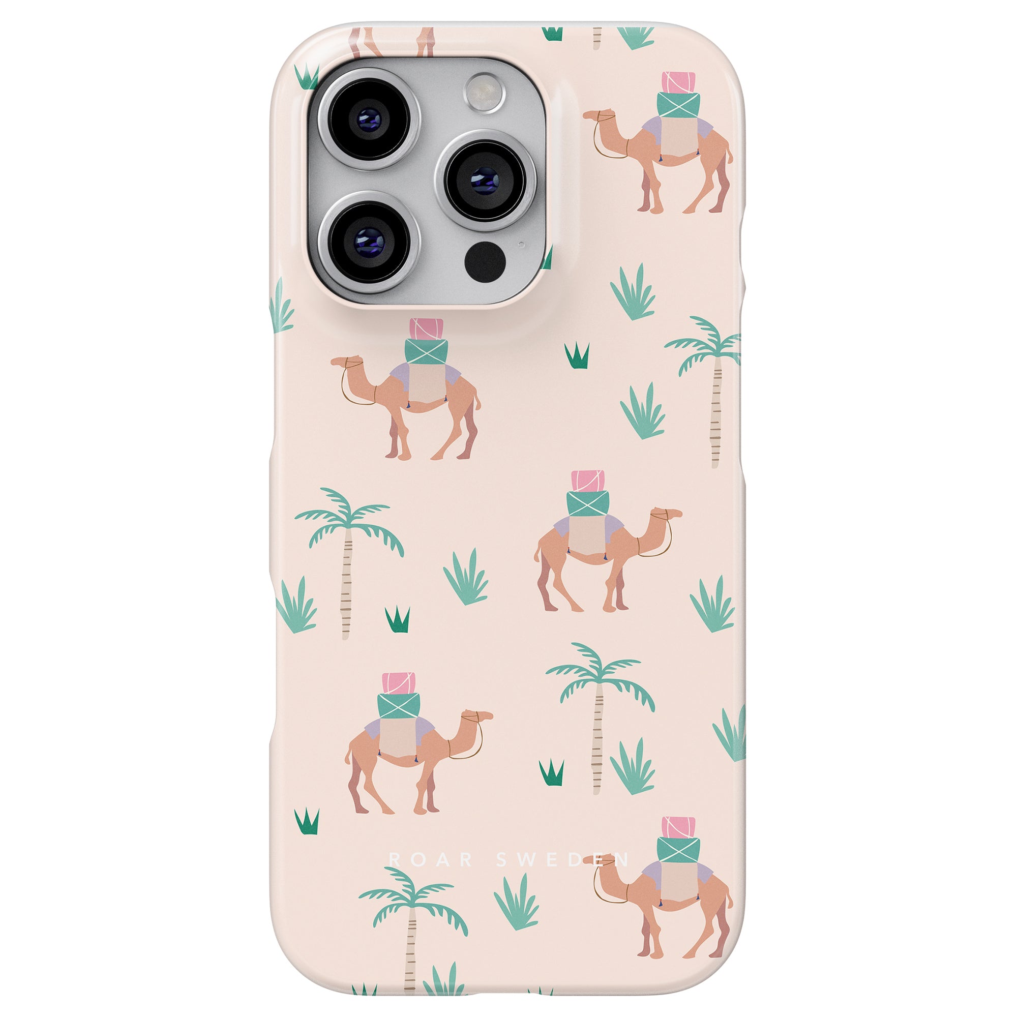 The Camel Trek - Slim case showcases a delightful camel and palm tree design, with camels carrying stacked colorful boxes, all set against an elegant burgundy-nyans background.