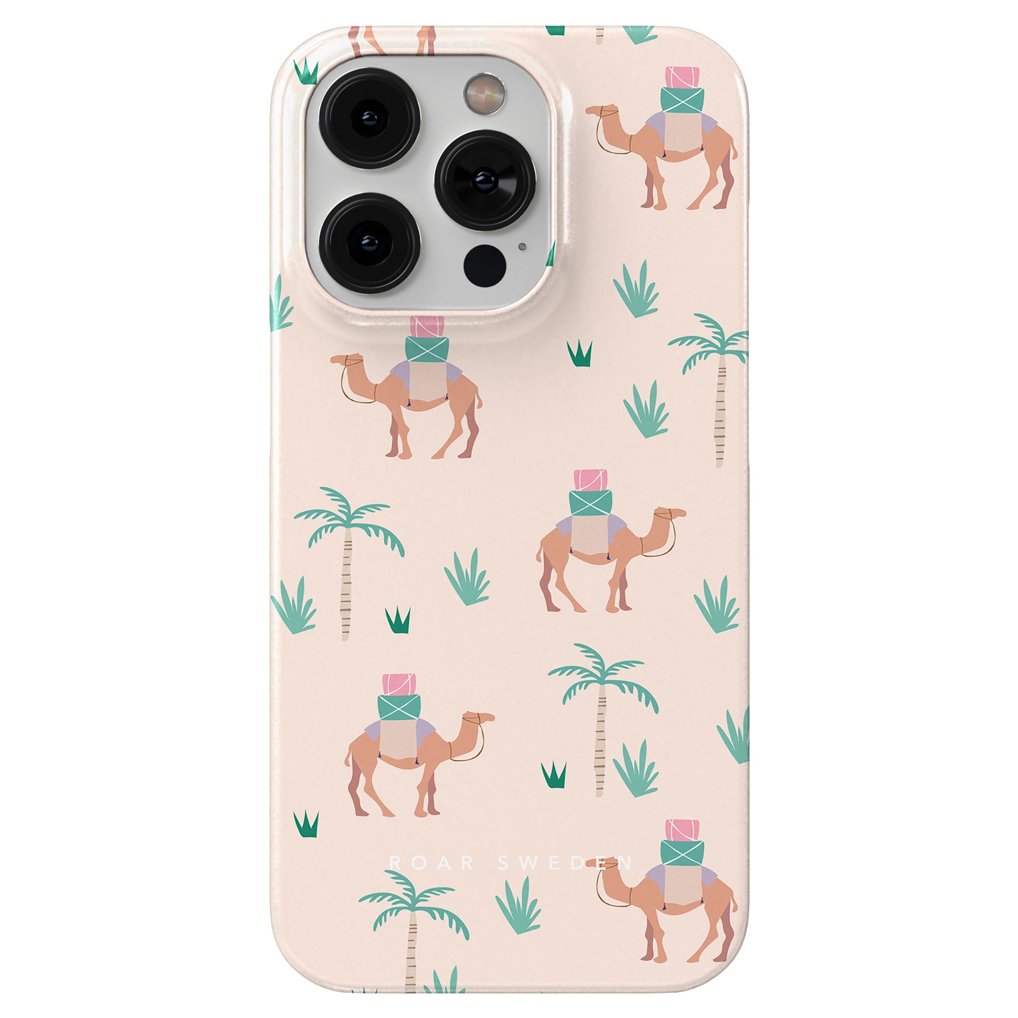 Introducing the Camel Trek - Slim Case: a smartphone accessory adorned with a camel and palm tree pattern on a beige background, offering an exotic touch to your style.