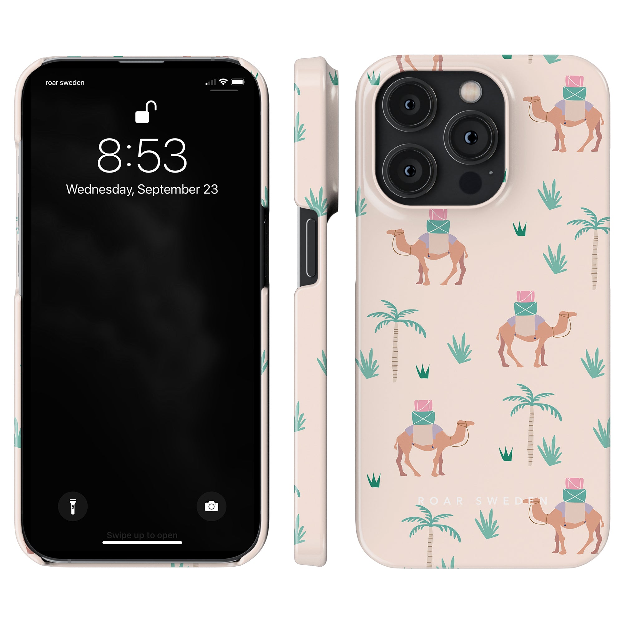 Introducing the Camel Trek - Slim Case from the Kitty Collection: This stylish beige case features camel and palm tree patterns, and its screen reads "8:53 Wednesday, September 23." It's perfect for adding a touch of charm to your tech ensemble.