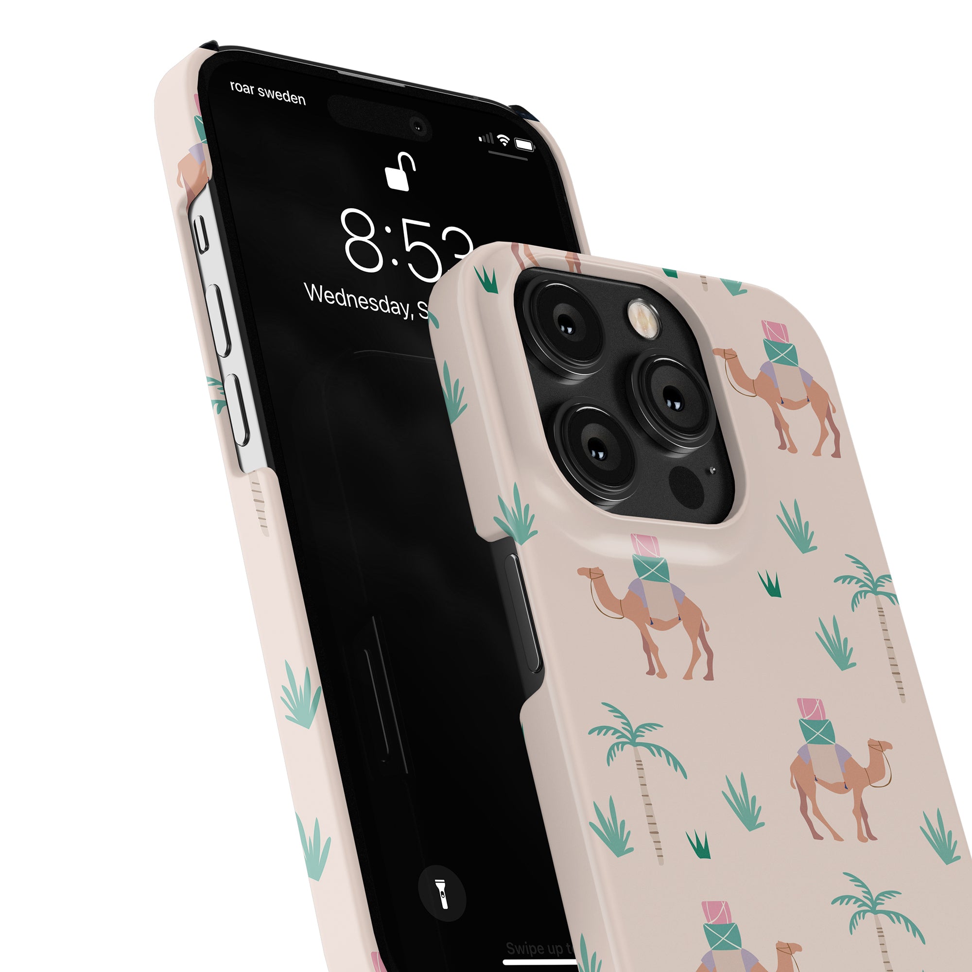 The Camel Trek - Slim case from the Kitty Collection features a desert-themed design with camels and palm trees, perfectly complementing the screen's display of 8:53 and "Wednesday, September 6.