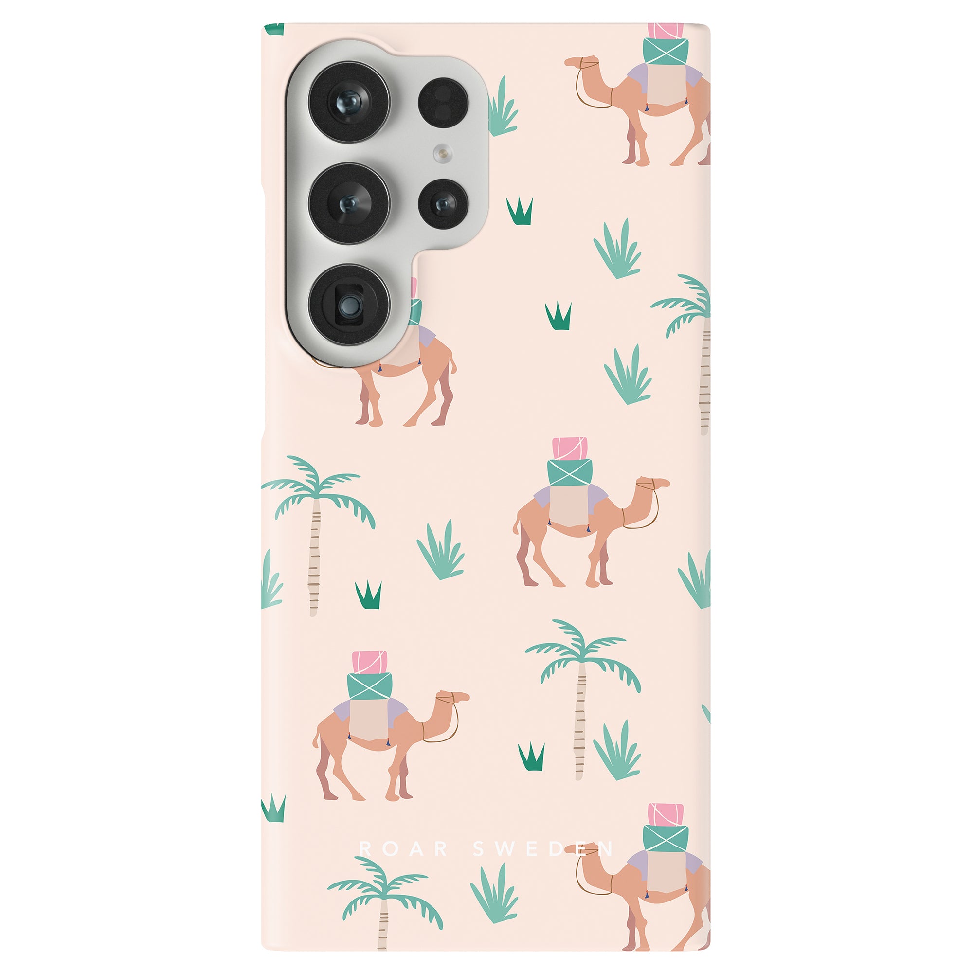 The Camel Trek - Slim case boasts a charming camel and palm tree pattern set against a beige background, capturing the essence of the Leopard-kollektionen style.